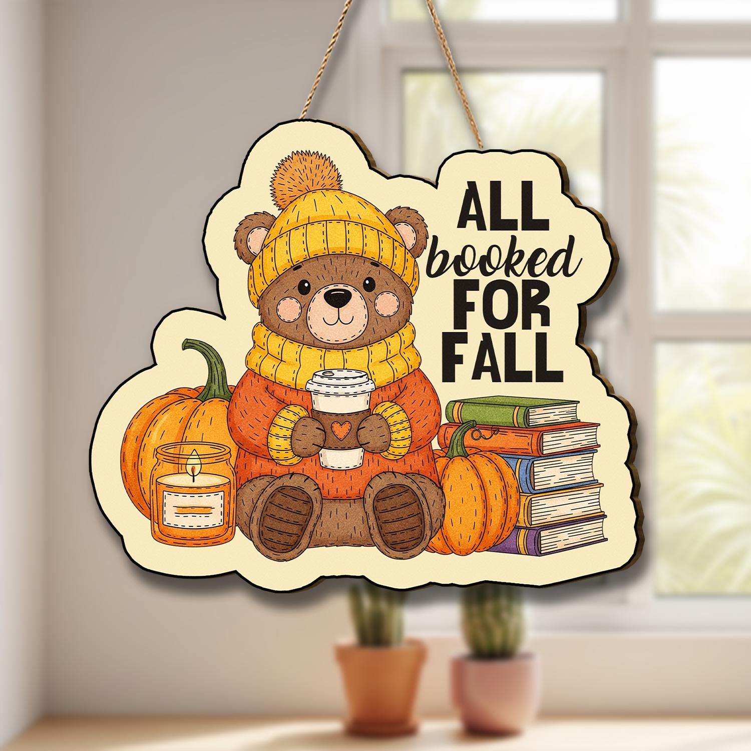 Fall Bear Door Hanger – Autumn Pumpkin Book Lover Wall Sign, Cozy Rustic Farmhouse Porch Decor, Cute Bear Coffee Door Decoration