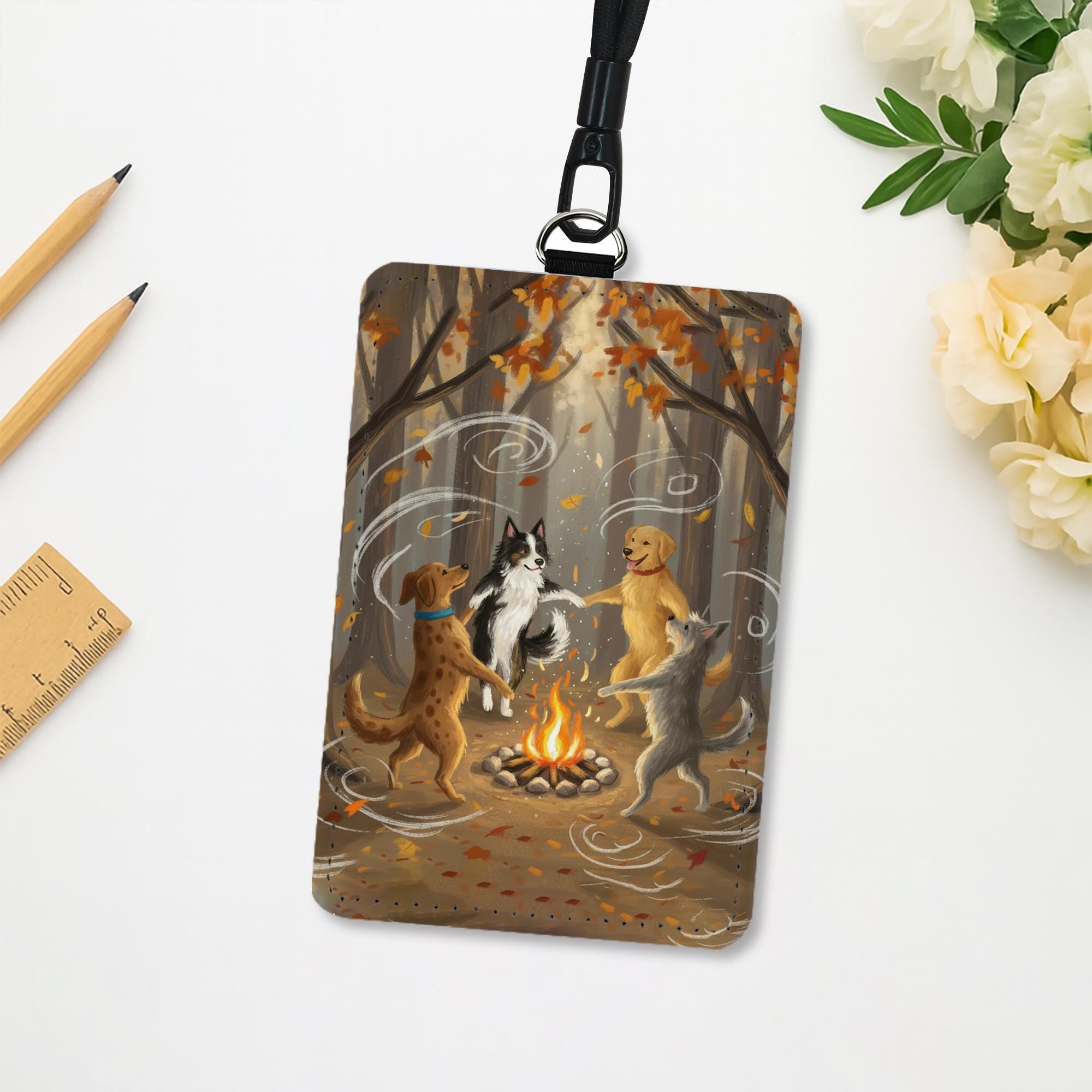 Dog Lover Lanyard, Campfire ID Holder, Golden Retriever, Border Collie, Autumn Forest Accessory, Fall Dog Mom Gift, Cute Pet Badge Holder