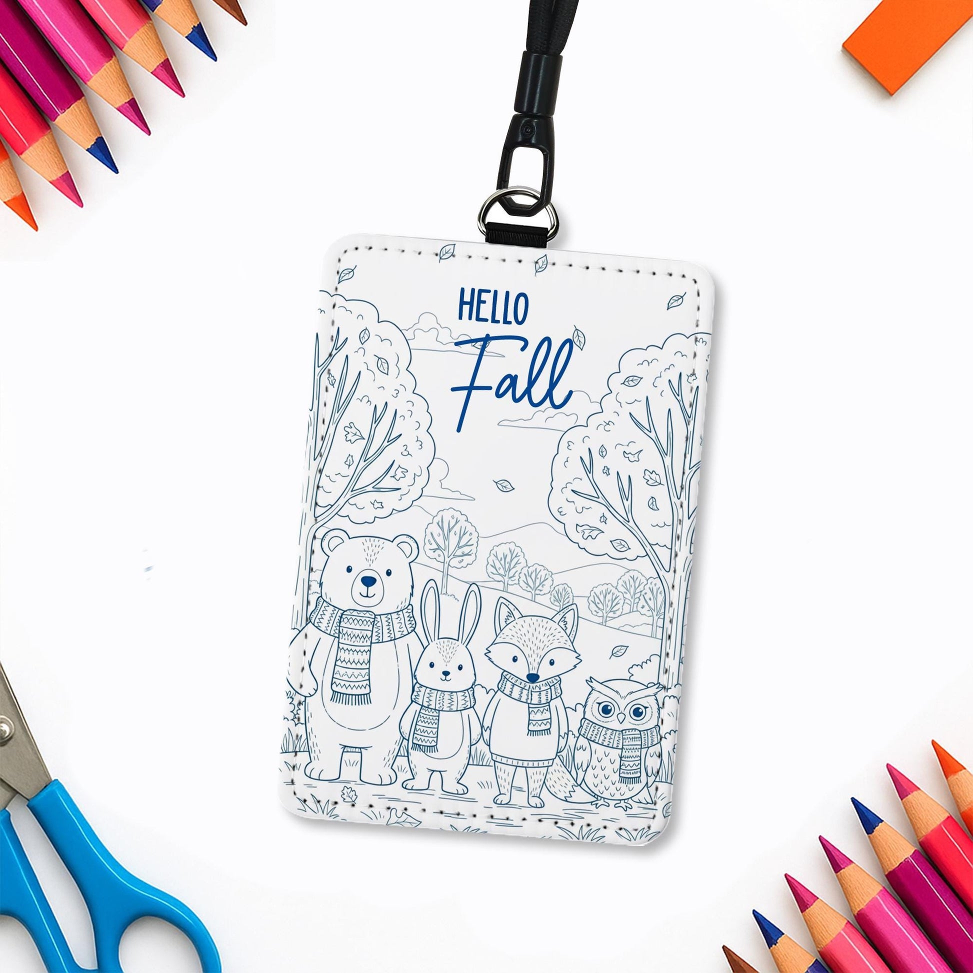 Hello Fall Badge Reel, Cute Bear & Fox ID Holder, Woodland Animal Lanyard, Autumn Office Decor, Fall Lover Gift, Cute Gift Teacher, Nurse
