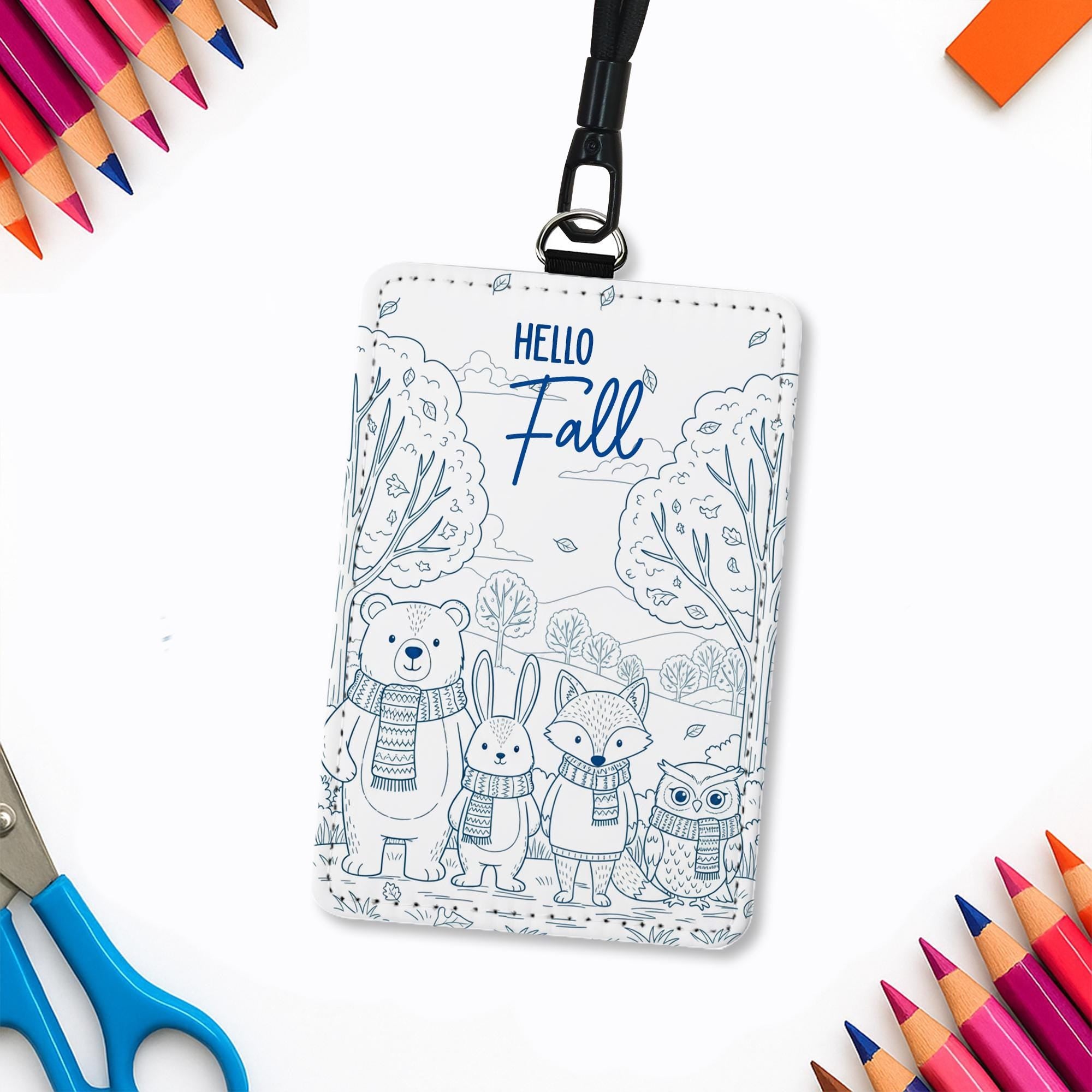 Hello Fall Badge Reel, Cute Bear & Fox ID Holder, Woodland Animal Lanyard, Autumn Office Decor, Fall Lover Gift, Cute Gift Teacher, Nurse
