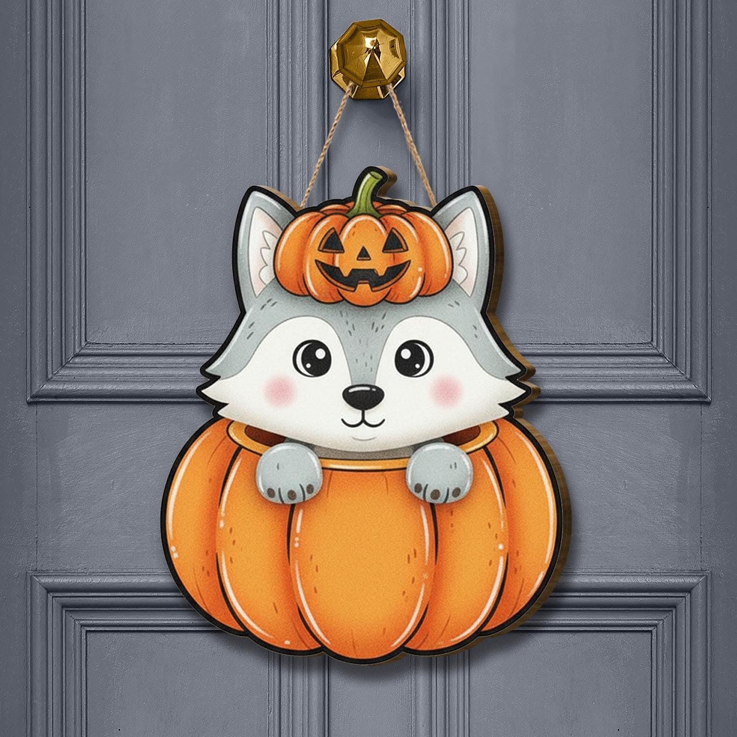 Halloween Wolf Door Hanger, Spooky Fall Decor, Witchy Wolf with Cauldron, Pumpkin Wolf Welcome Sign, Cute Autumn Decor, Seasonal Front Door