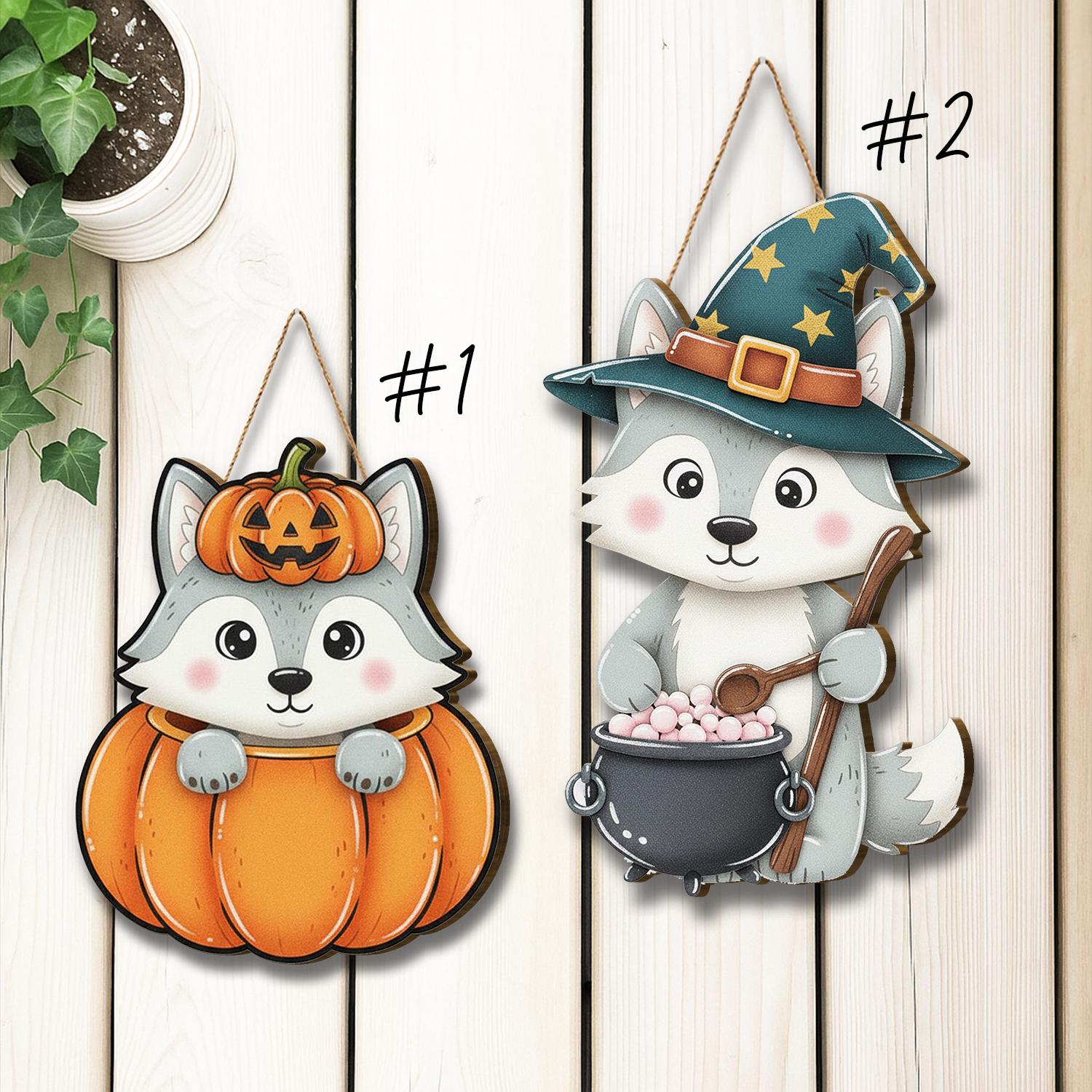 Halloween Wolf Door Hanger, Spooky Fall Decor, Witchy Wolf with Cauldron, Pumpkin Wolf Welcome Sign, Cute Autumn Decor, Seasonal Front Door
