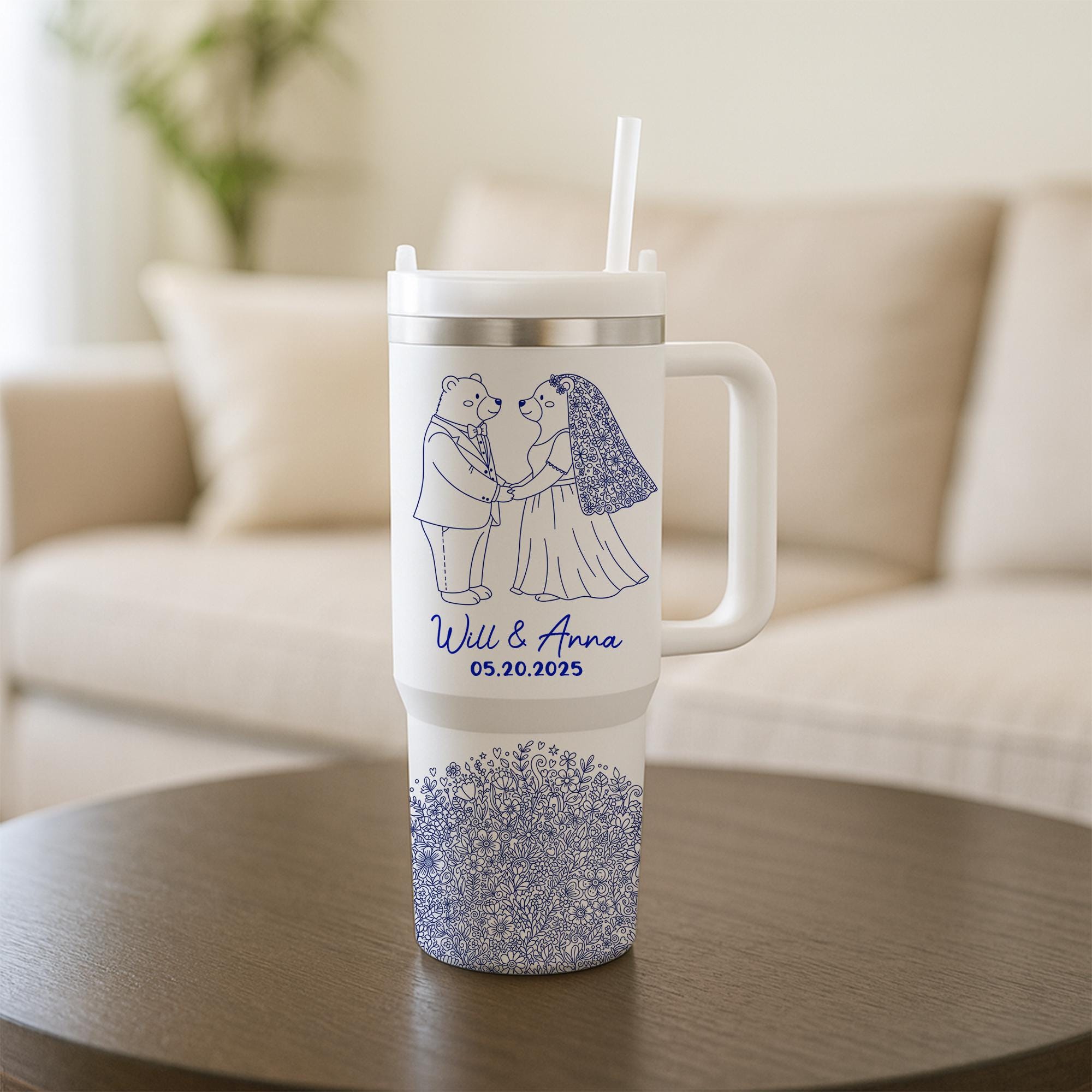 Personalized Wedding Tumbler, Custom Engraved Bear Couple Cup, Bridal Shower Gift, Mr and Mrs Tumbler, Wedding Date Cup, Engagement Gift