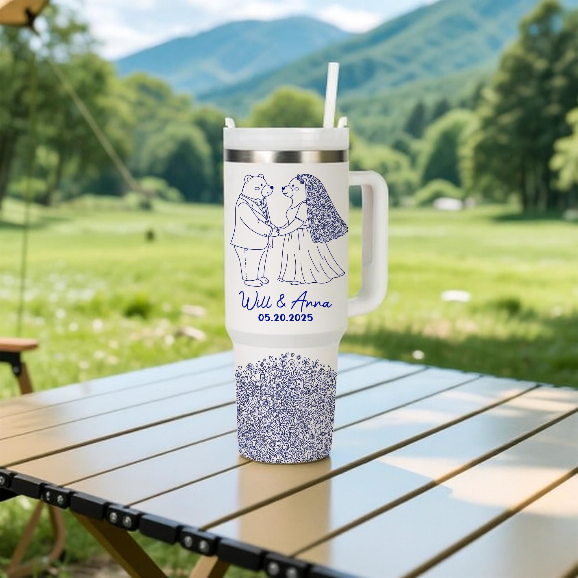 Personalized Wedding Tumbler, Custom Engraved Bear Couple Cup, Bridal Shower Gift, Mr and Mrs Tumbler, Wedding Date Cup, Engagement Gift