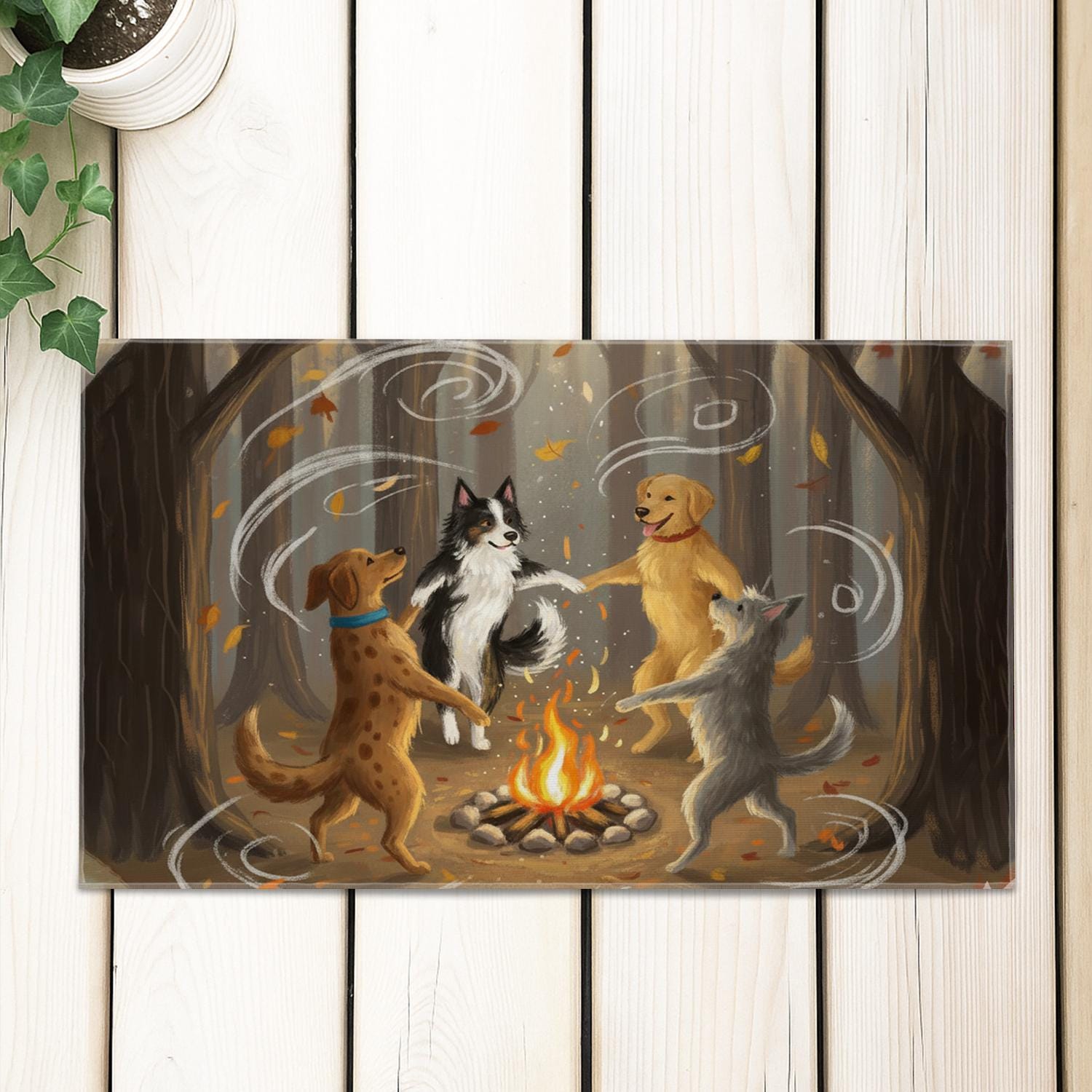 Fall Doormat, Dogs Around Campfire, Autumn Welcome Mat, Dog Lover Gift, Happy Dogs Dancing, Cute Pet Mat, Front Porch Decor, Home Decor