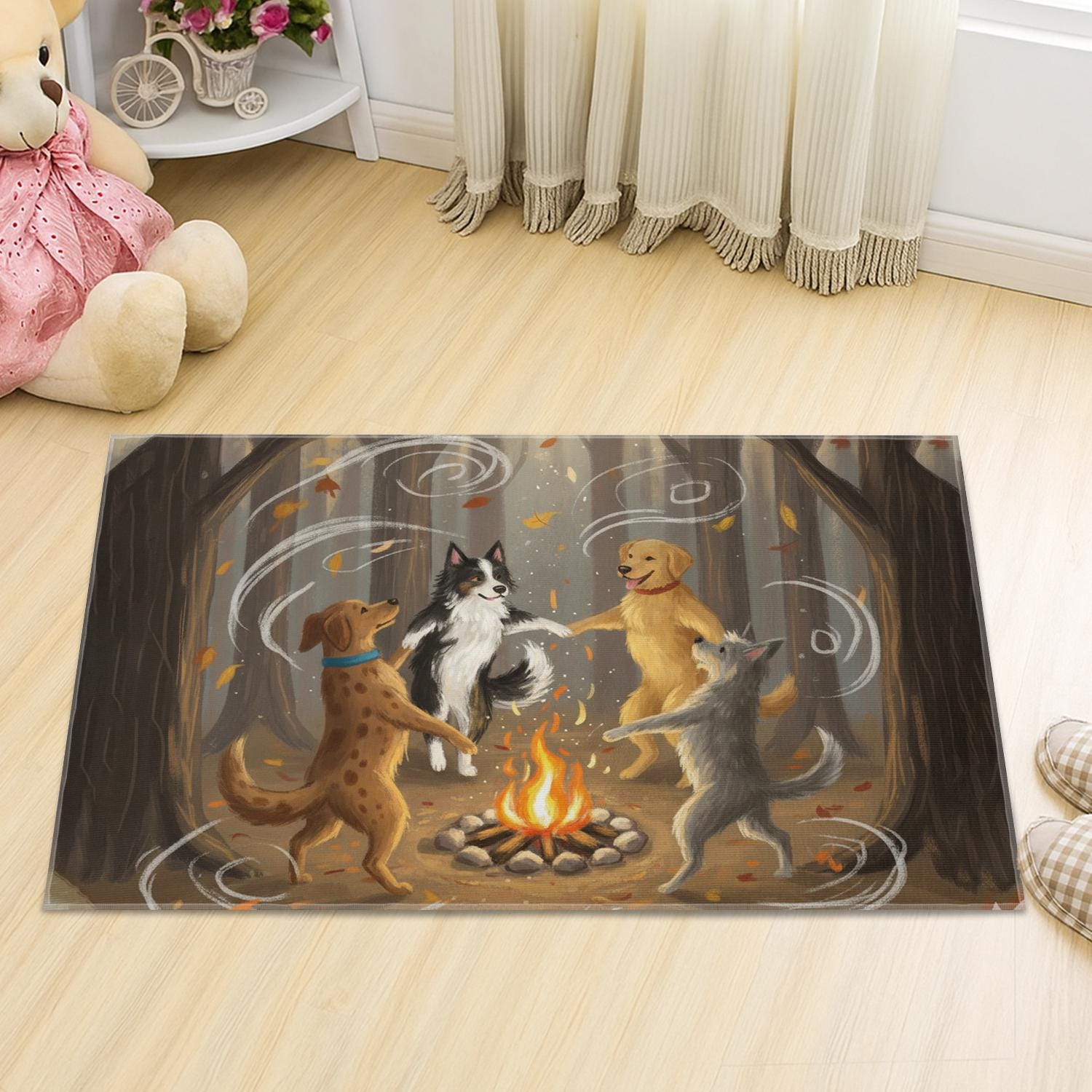 Fall Doormat, Dogs Around Campfire, Autumn Welcome Mat, Dog Lover Gift, Happy Dogs Dancing, Cute Pet Mat, Front Porch Decor, Home Decor