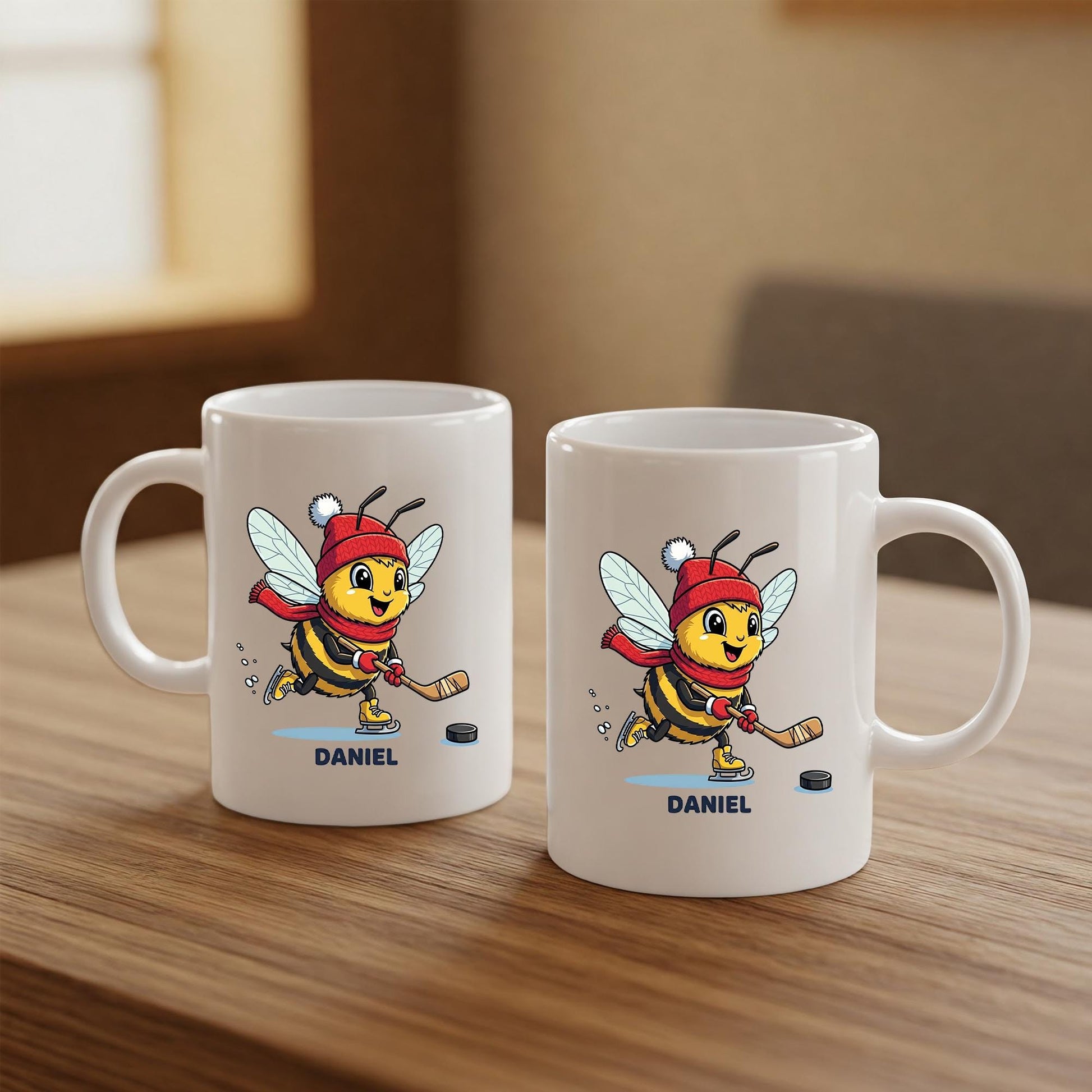 Personalized Hockey Bee Mug, Custom Coffee Cup for Hockey Player or Fan, Winter Sports Gift for Kids, Hockey Coach or Team Gift