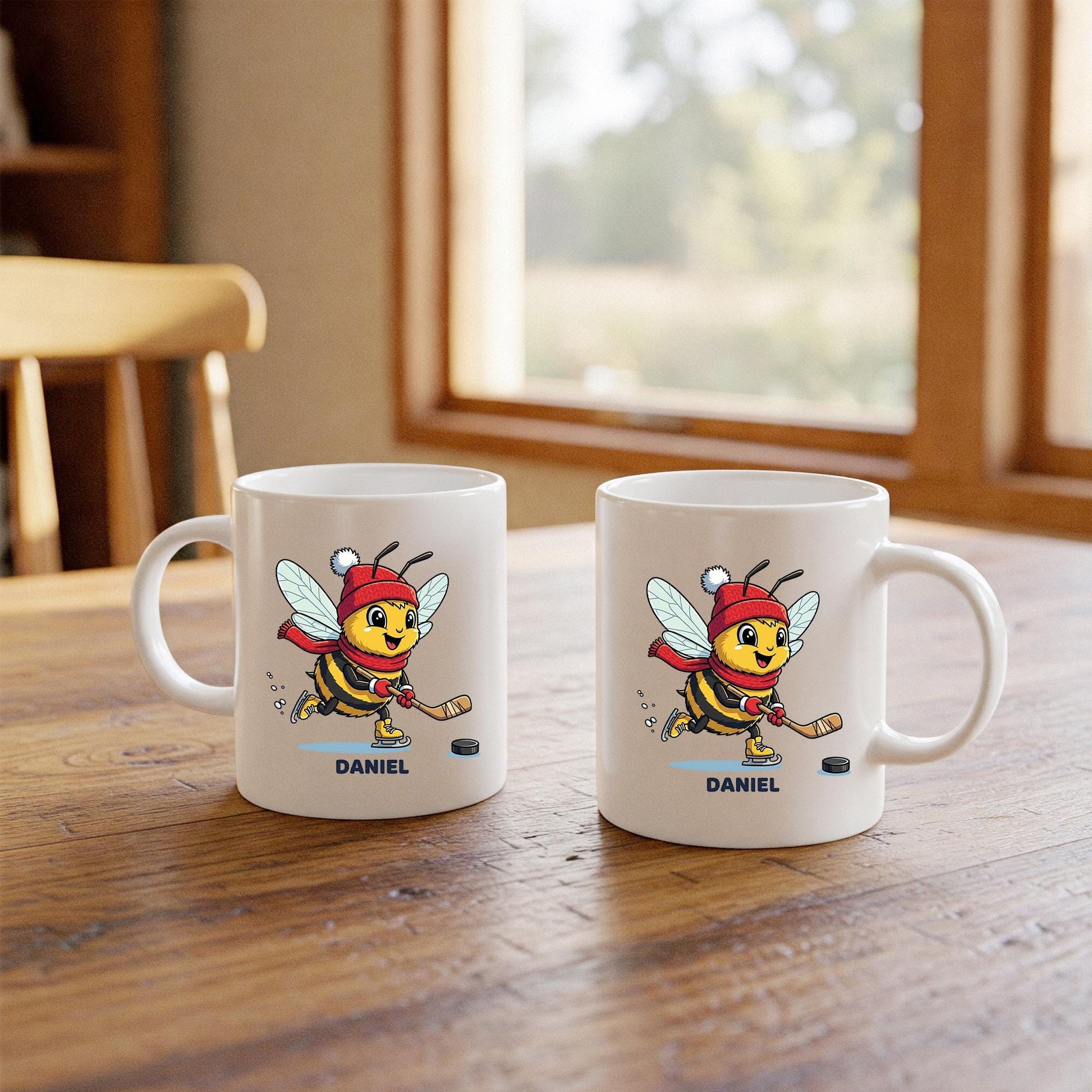 Personalized Hockey Bee Mug, Custom Coffee Cup for Hockey Player or Fan, Winter Sports Gift for Kids, Hockey Coach or Team Gift