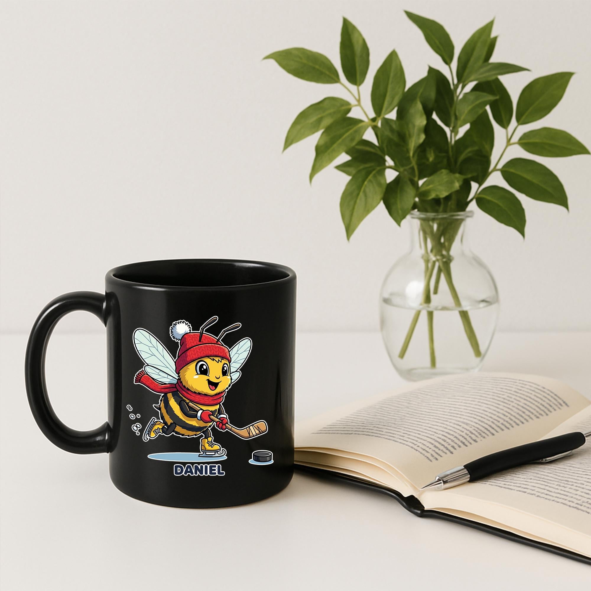 Personalized Hockey Bee Mug, Custom Coffee Cup for Hockey Player or Fan, Winter Sports Gift for Kids, Hockey Coach or Team Gift