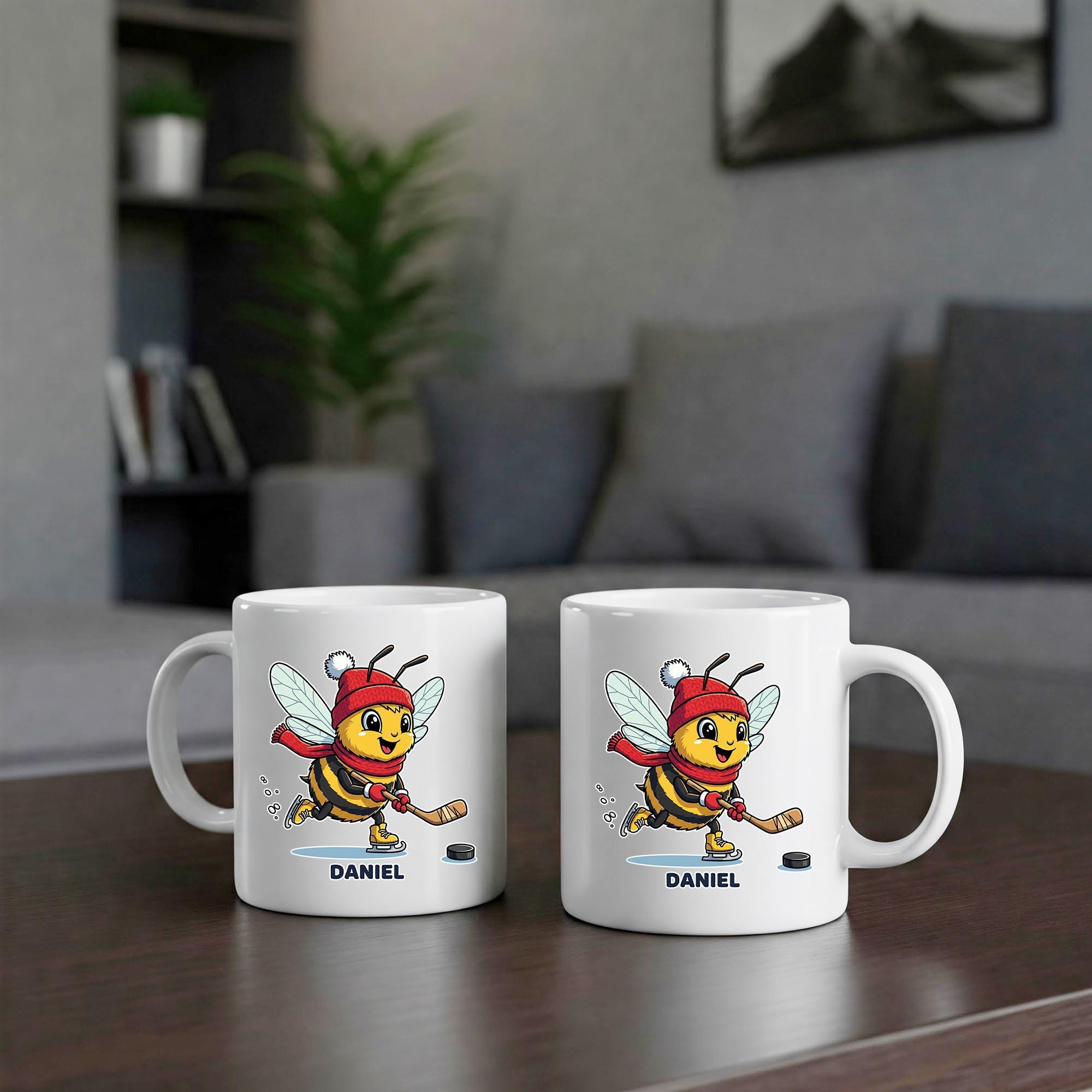 Personalized Hockey Bee Mug, Custom Coffee Cup for Hockey Player or Fan, Winter Sports Gift for Kids, Hockey Coach or Team Gift