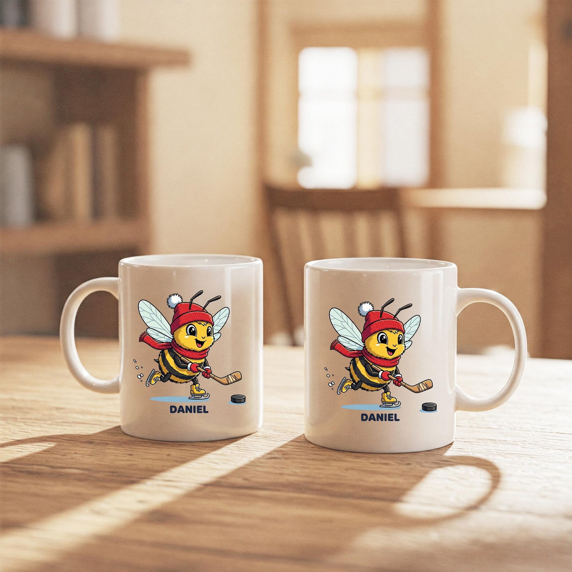 Personalized Hockey Bee Mug, Custom Coffee Cup for Hockey Player or Fan, Winter Sports Gift for Kids, Hockey Coach or Team Gift