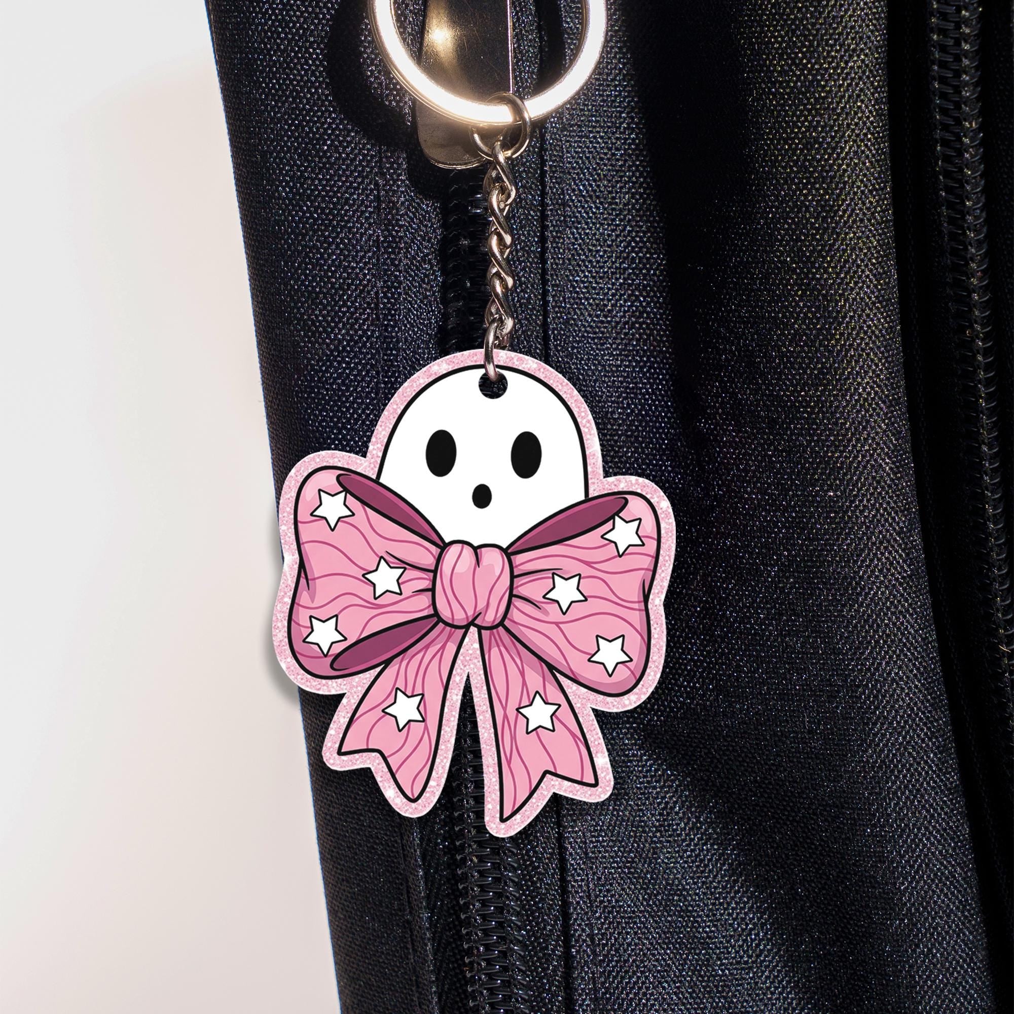 Cute Ghost Keychain with Pink Bow, Kawaii Ghost Key Ring, Spooky Cute Accessory, Halloween Gift, Pastel Goth Charm for Bag or Keys