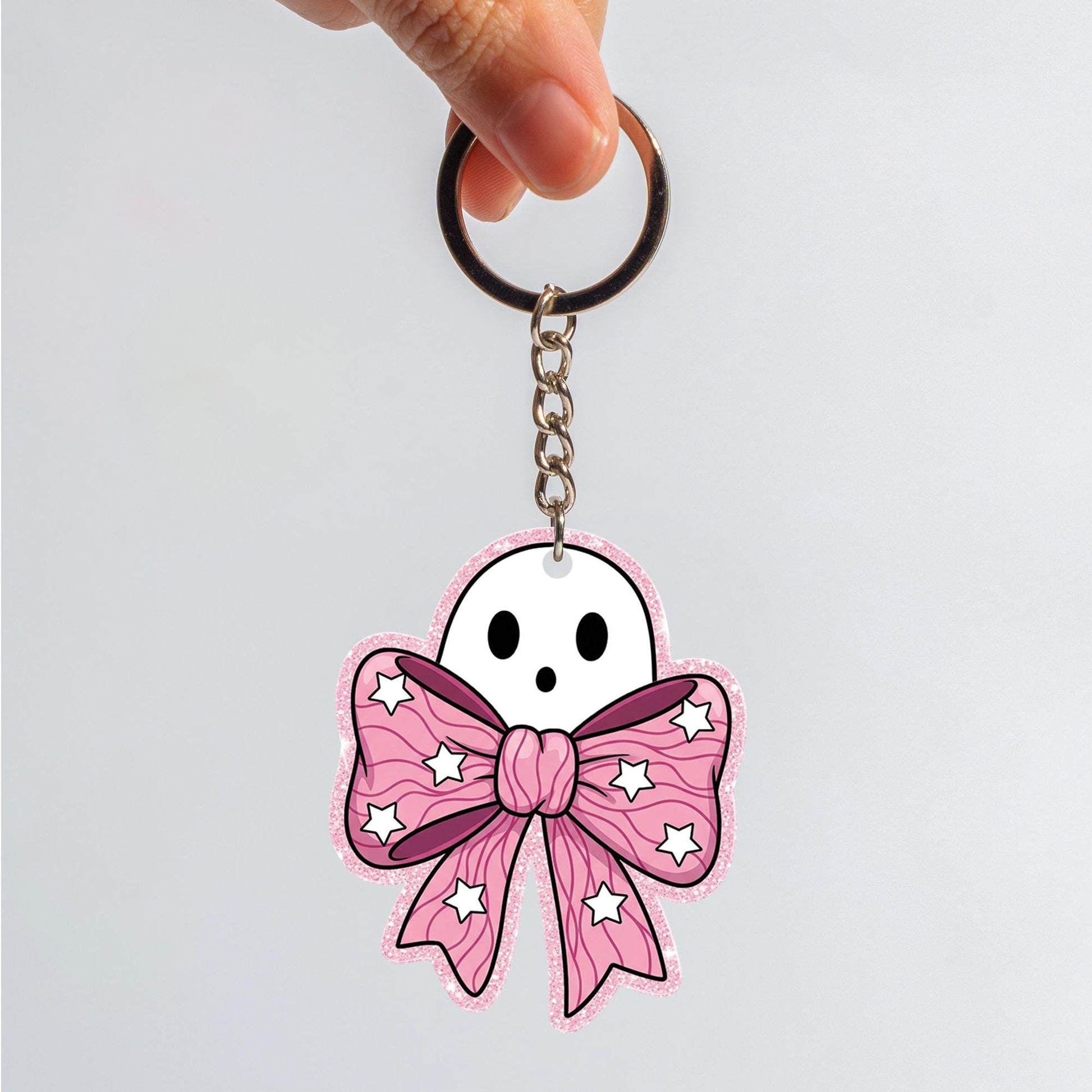 Cute Ghost Keychain with Pink Bow, Kawaii Ghost Key Ring, Spooky Cute Accessory, Halloween Gift, Pastel Goth Charm for Bag or Keys