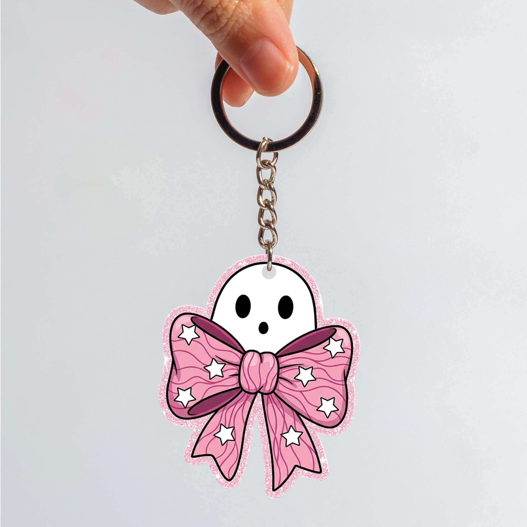 Cute Ghost Keychain with Pink Bow, Kawaii Ghost Key Ring, Spooky Cute Accessory, Halloween Gift, Pastel Goth Charm for Bag or Keys