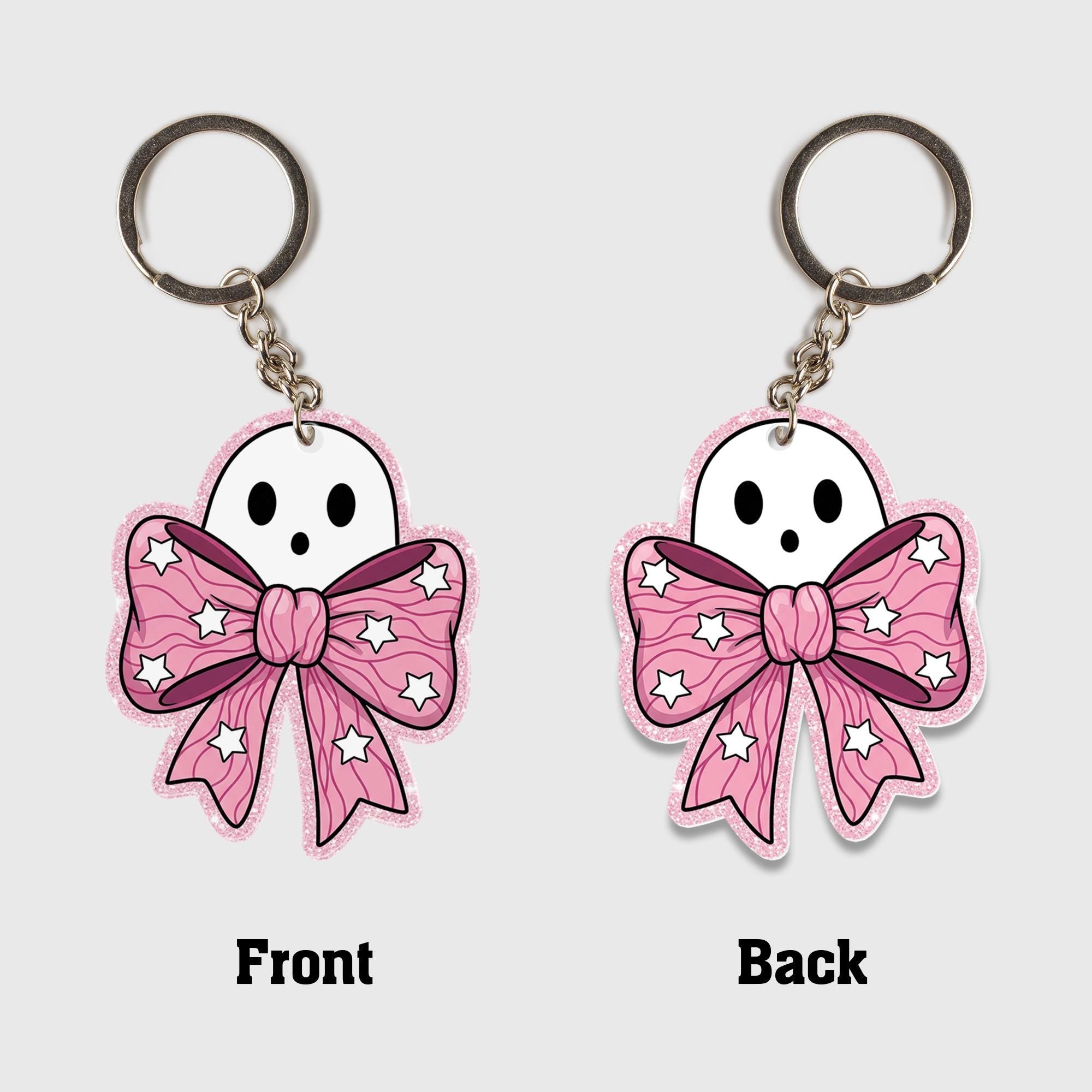 Cute Ghost Keychain with Pink Bow, Kawaii Ghost Key Ring, Spooky Cute Accessory, Halloween Gift, Pastel Goth Charm for Bag or Keys