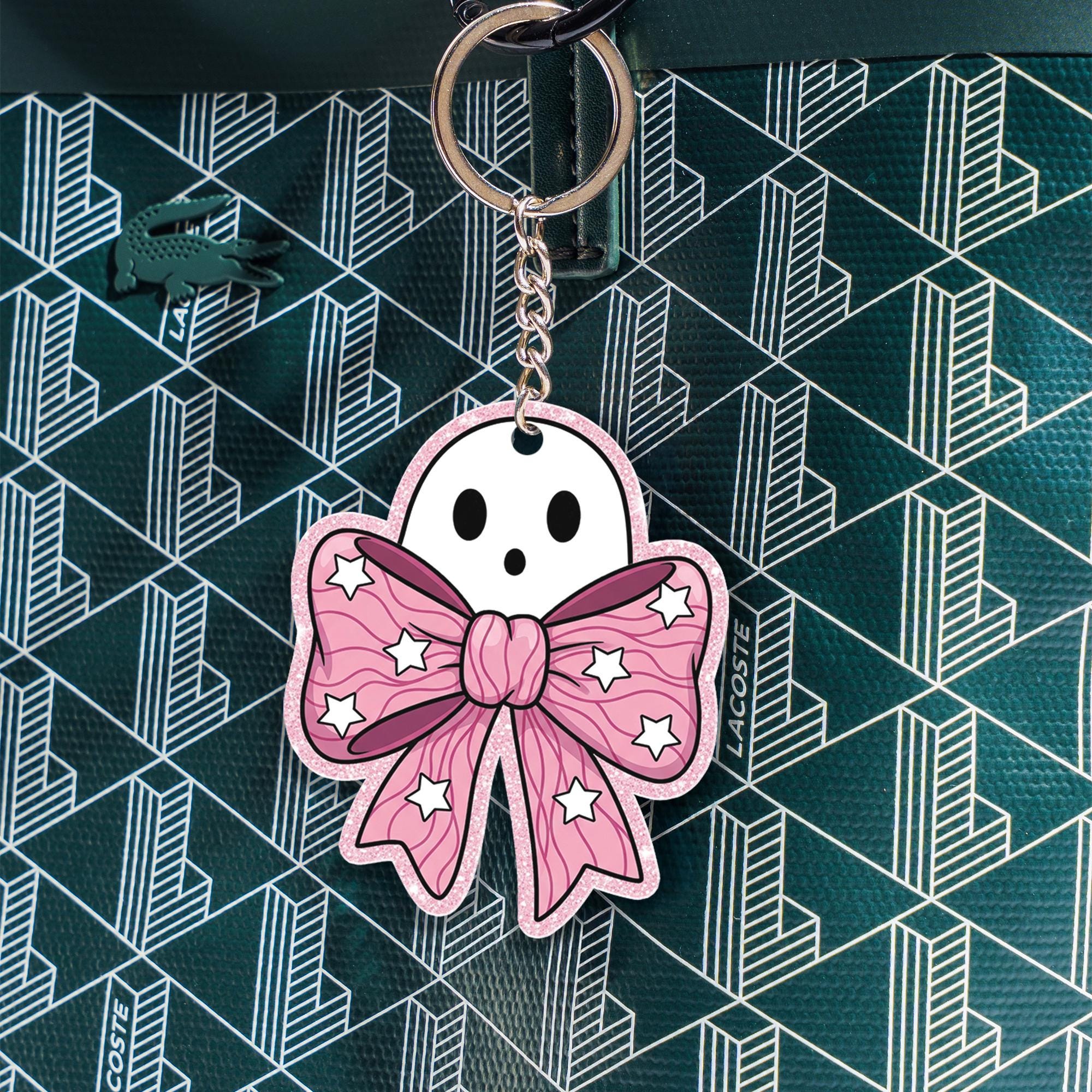 Cute Ghost Keychain with Pink Bow, Kawaii Ghost Key Ring, Spooky Cute Accessory, Halloween Gift, Pastel Goth Charm for Bag or Keys
