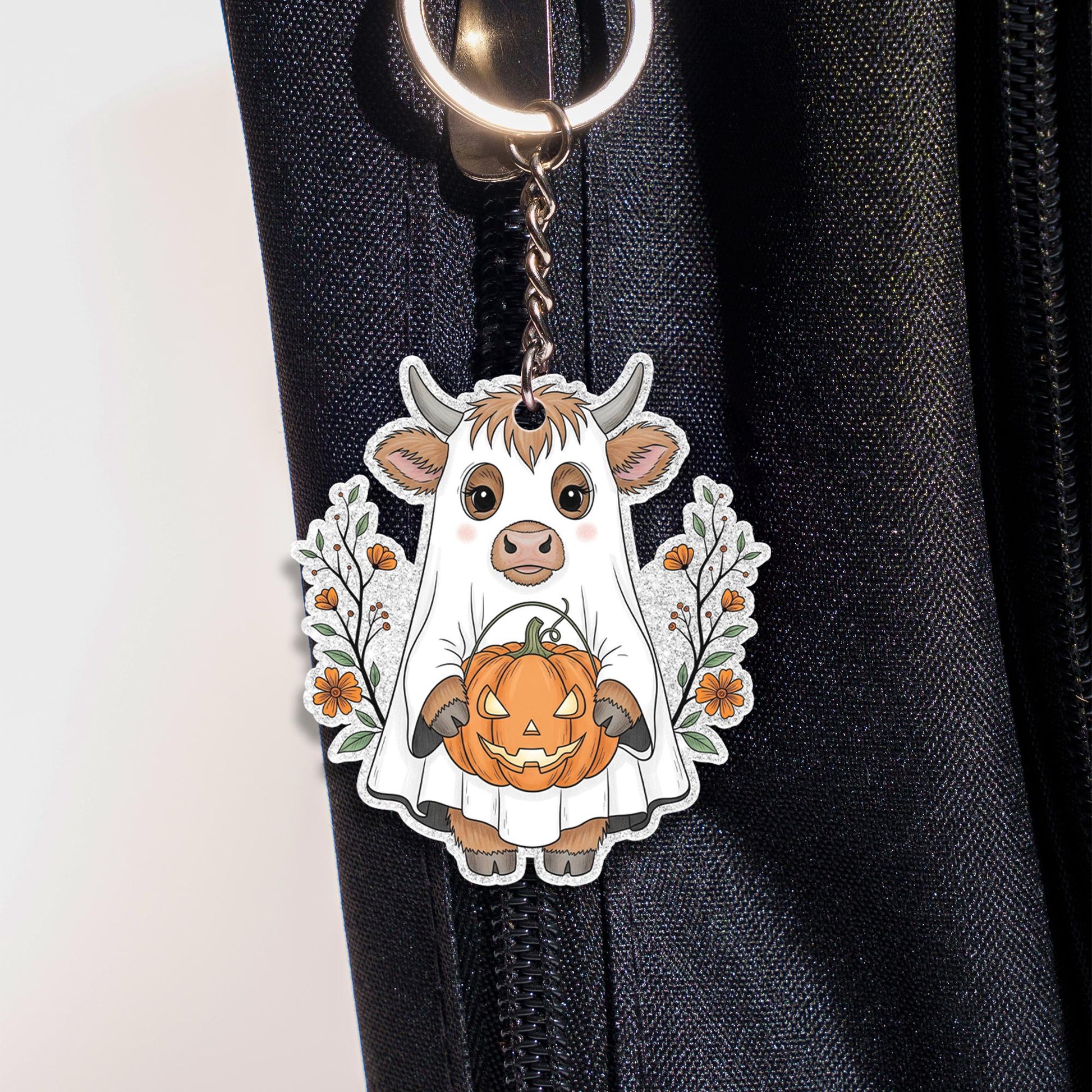 Cute Cow Halloween Keychain, Spooky Cow with Pumpkin, Fall Keyring, Kawaii Ghost Cow Charm, Farm Animal Lover Gift, Autumn Accessory