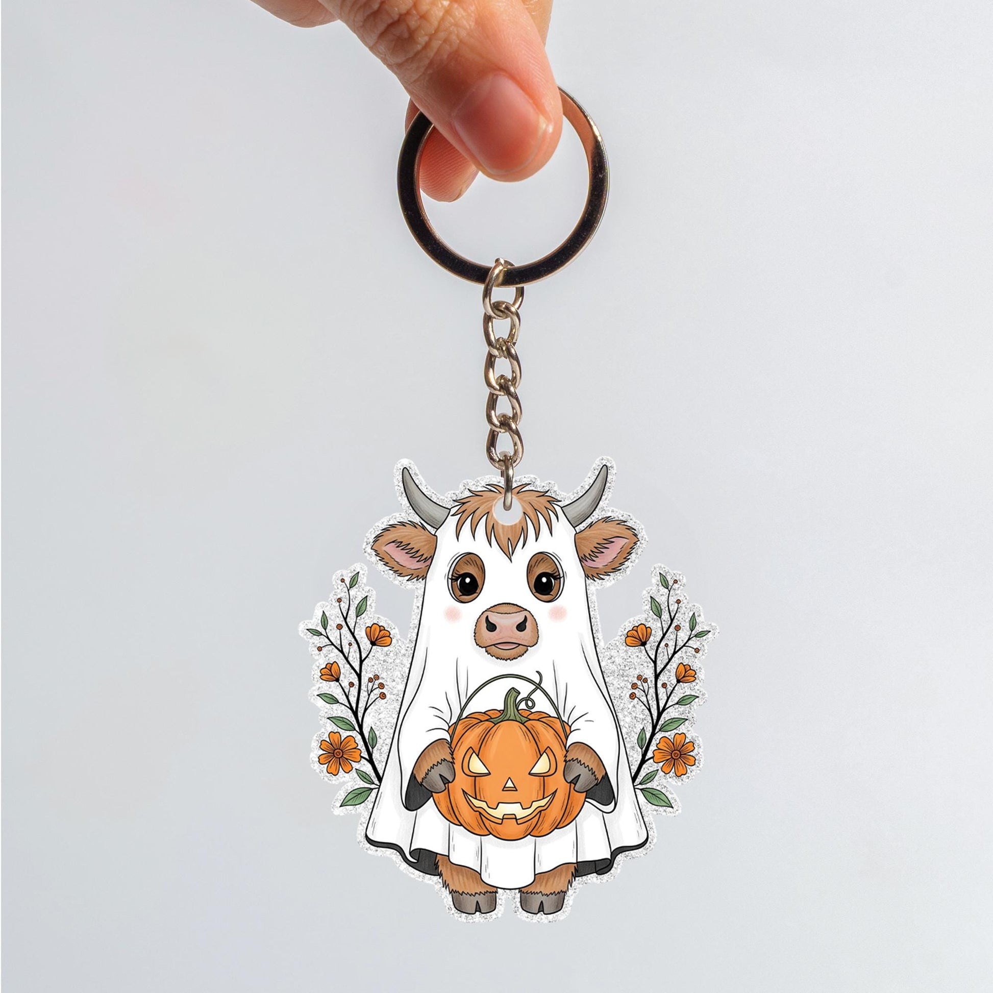 Cute Cow Halloween Keychain, Spooky Cow with Pumpkin, Fall Keyring, Kawaii Ghost Cow Charm, Farm Animal Lover Gift, Autumn Accessory