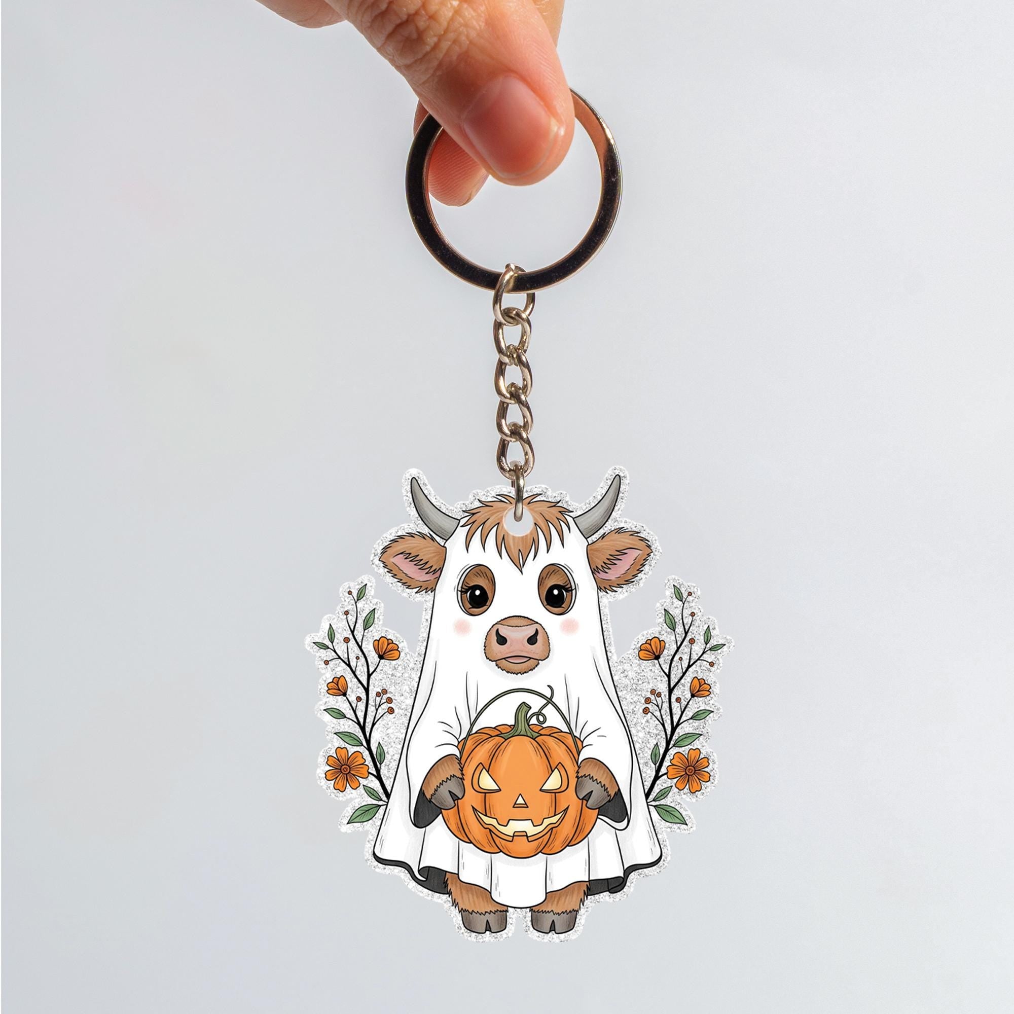 Cute Cow Halloween Keychain, Spooky Cow with Pumpkin, Fall Keyring, Kawaii Ghost Cow Charm, Farm Animal Lover Gift, Autumn Accessory