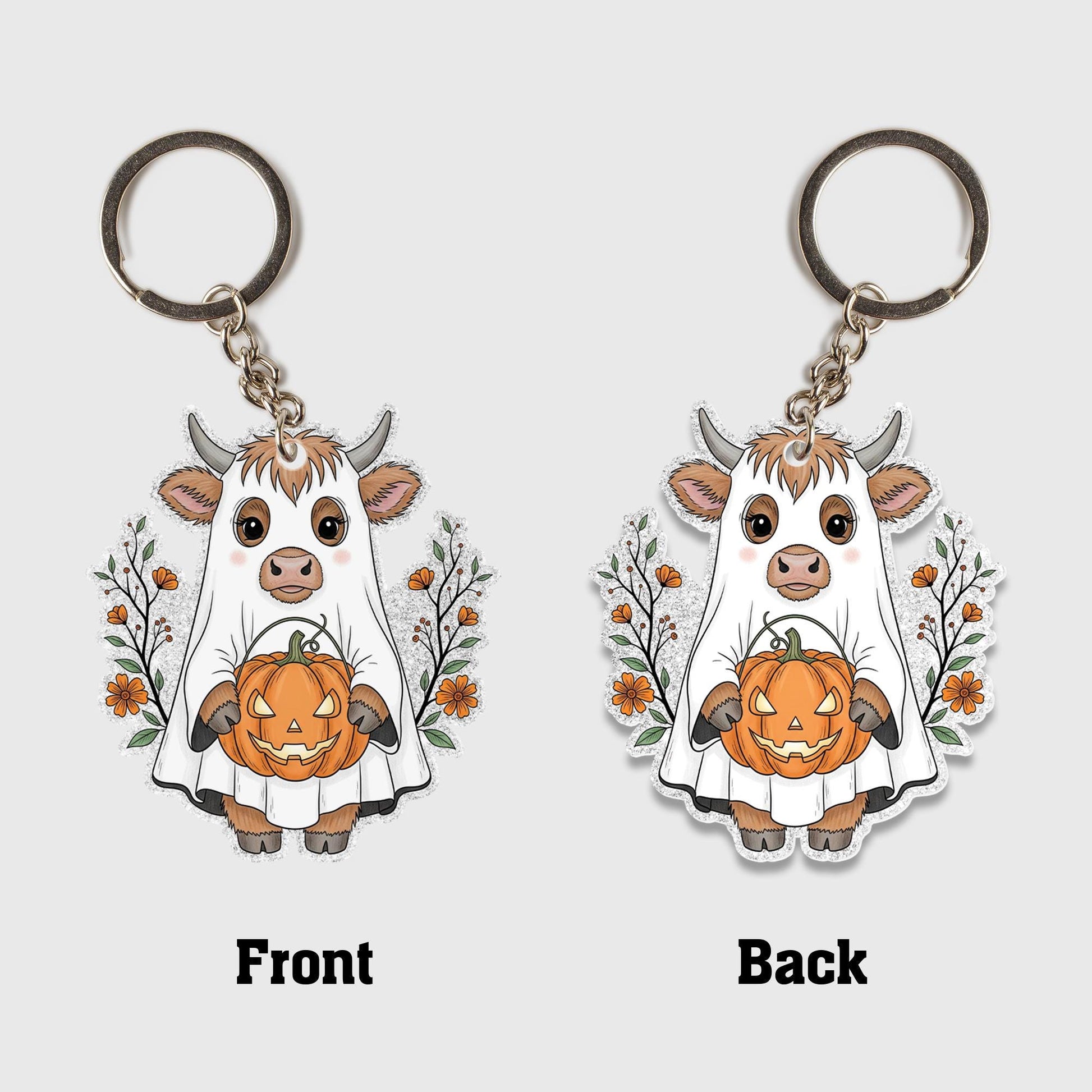 Cute Cow Halloween Keychain, Spooky Cow with Pumpkin, Fall Keyring, Kawaii Ghost Cow Charm, Farm Animal Lover Gift, Autumn Accessory