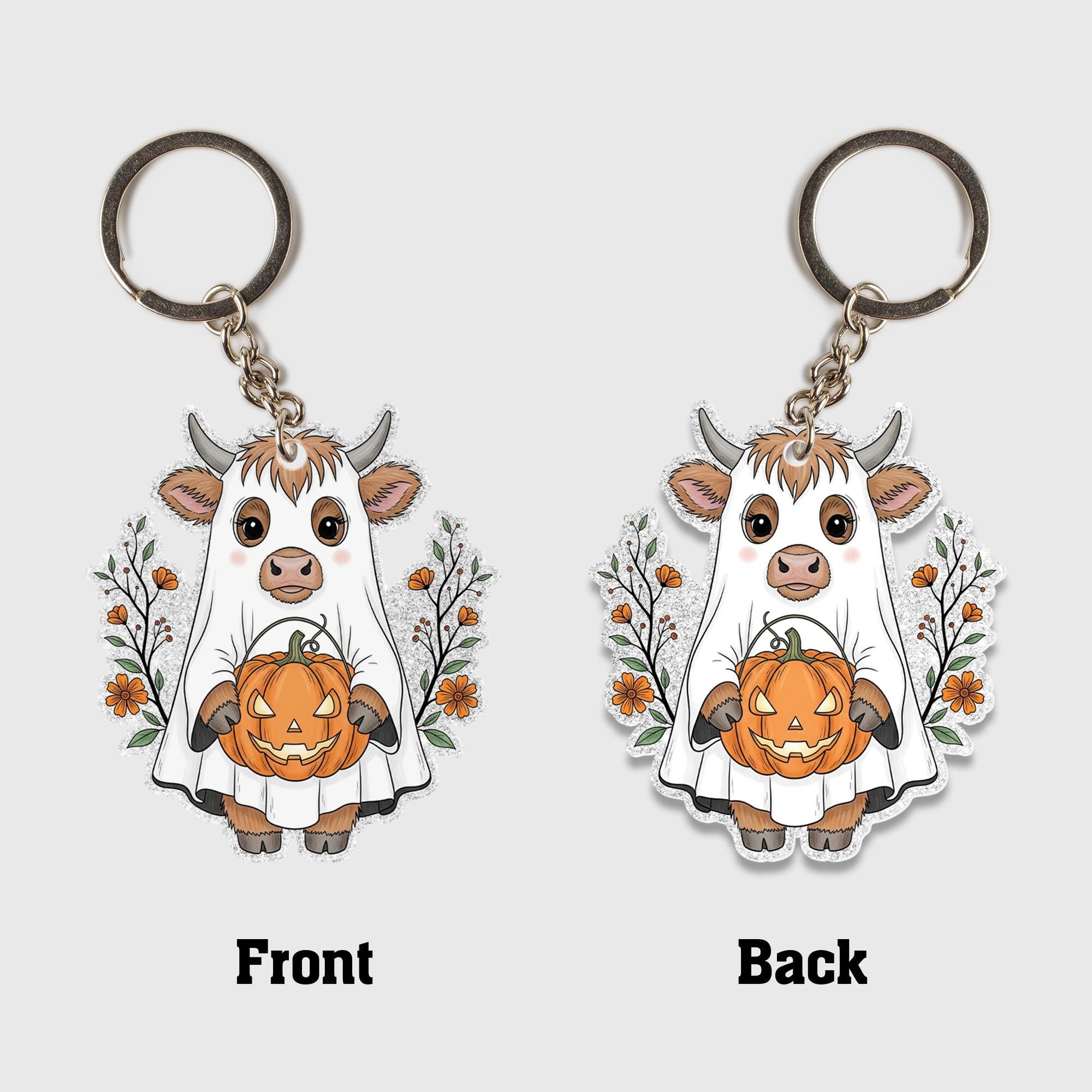 Cute Cow Halloween Keychain, Spooky Cow with Pumpkin, Fall Keyring, Kawaii Ghost Cow Charm, Farm Animal Lover Gift, Autumn Accessory