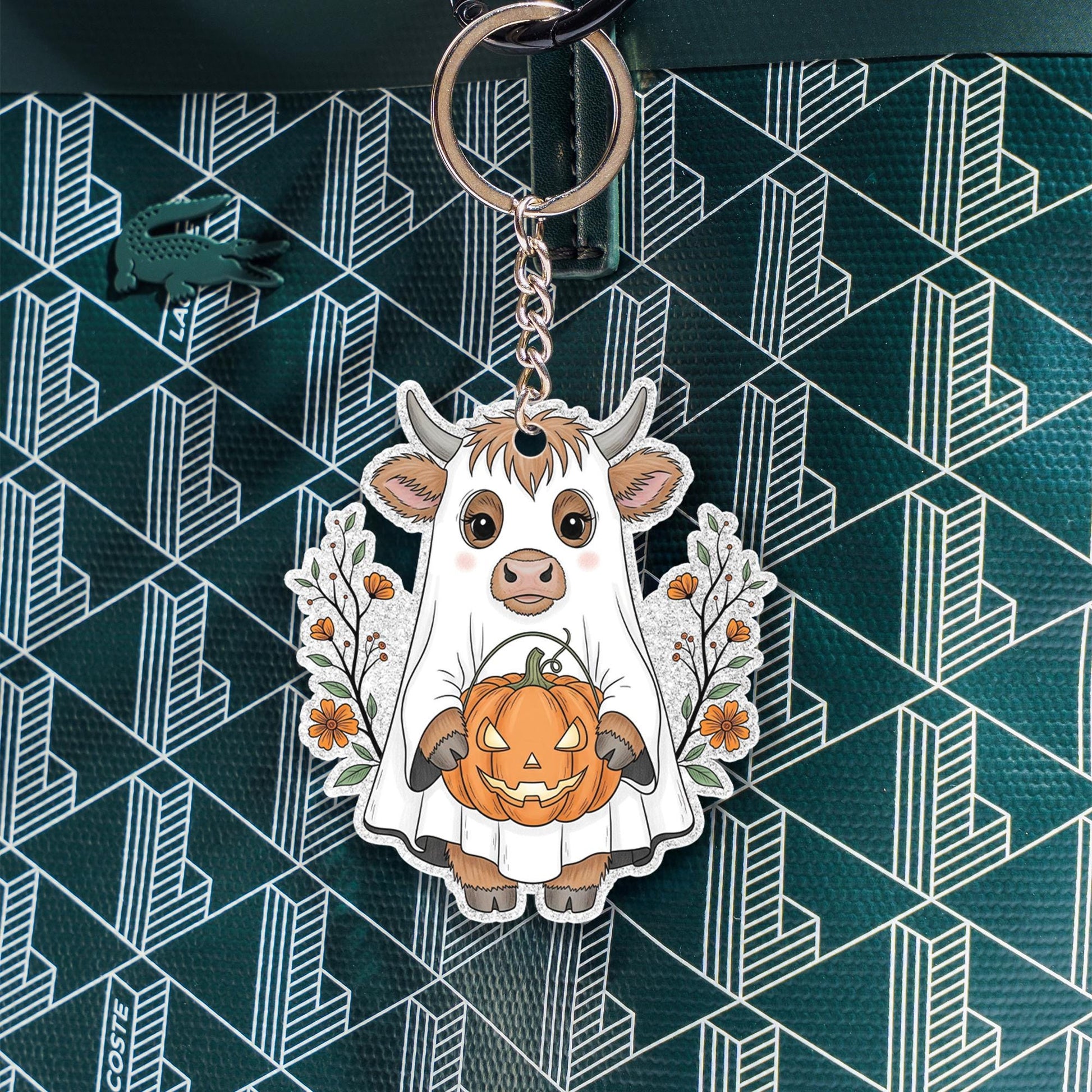 Cute Cow Halloween Keychain, Spooky Cow with Pumpkin, Fall Keyring, Kawaii Ghost Cow Charm, Farm Animal Lover Gift, Autumn Accessory