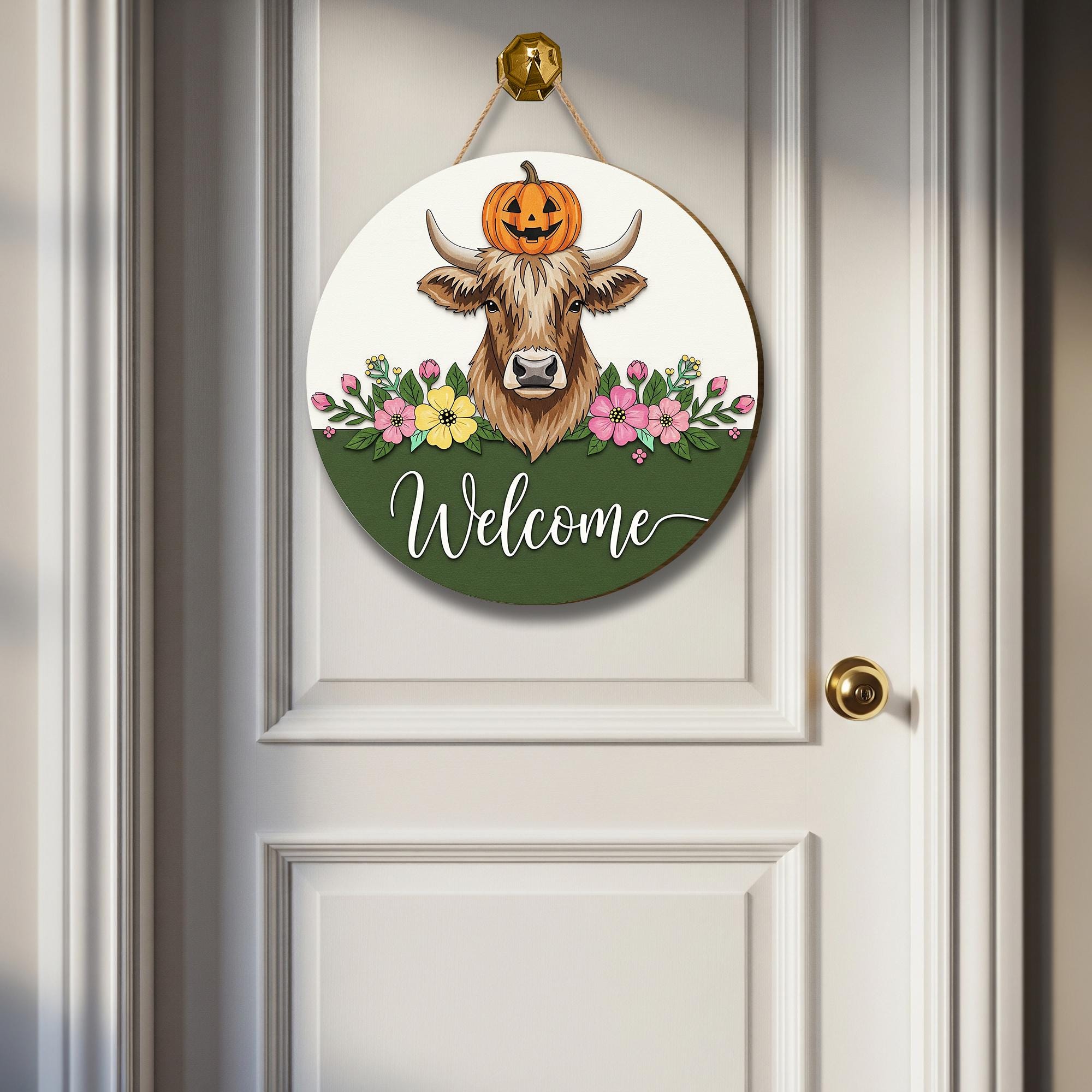 Rustic Cow Welcome Sign: Farmhouse Pumpkin Wooden Door Hanger