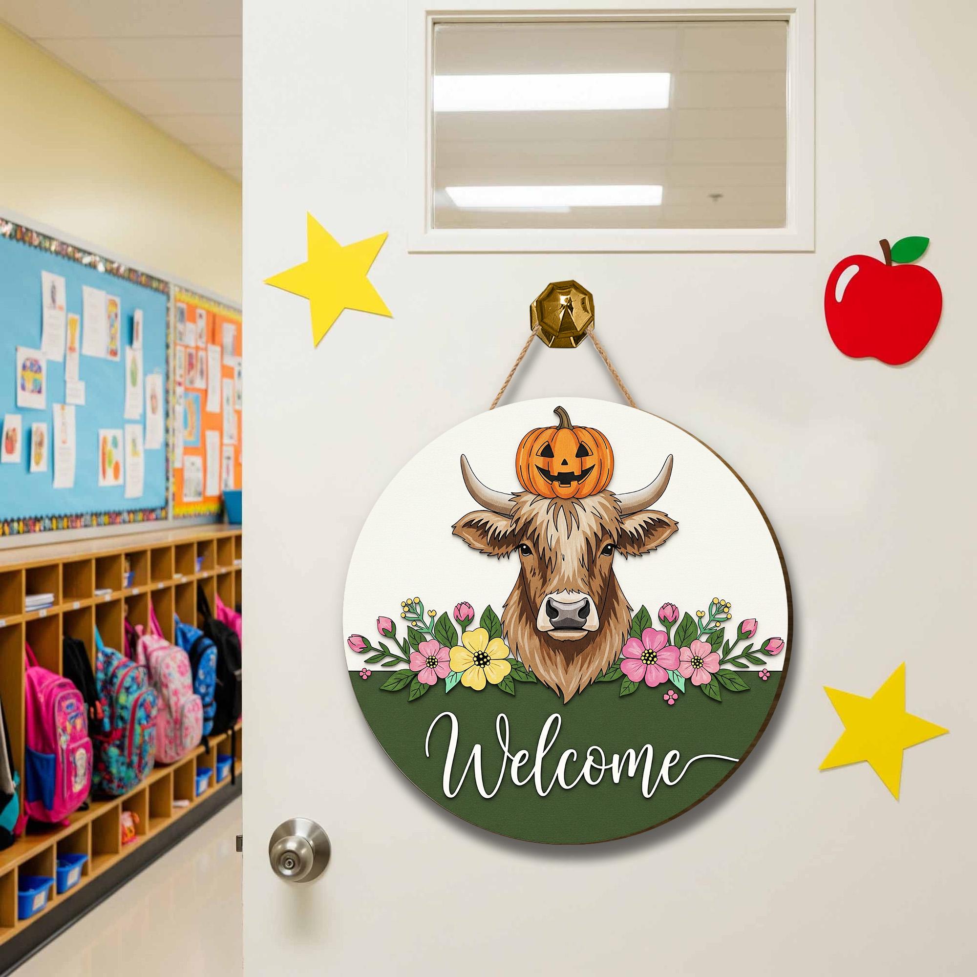 Rustic Cow Welcome Sign: Farmhouse Pumpkin Wooden Door Hanger