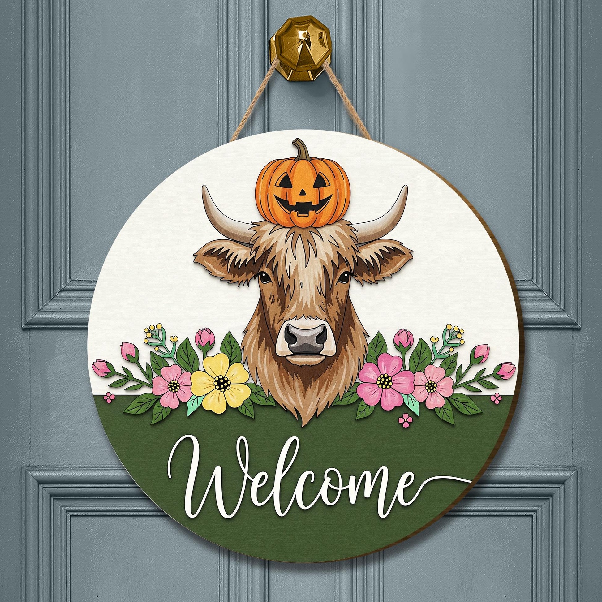 Rustic Cow Welcome Sign: Farmhouse Pumpkin Wooden Door Hanger