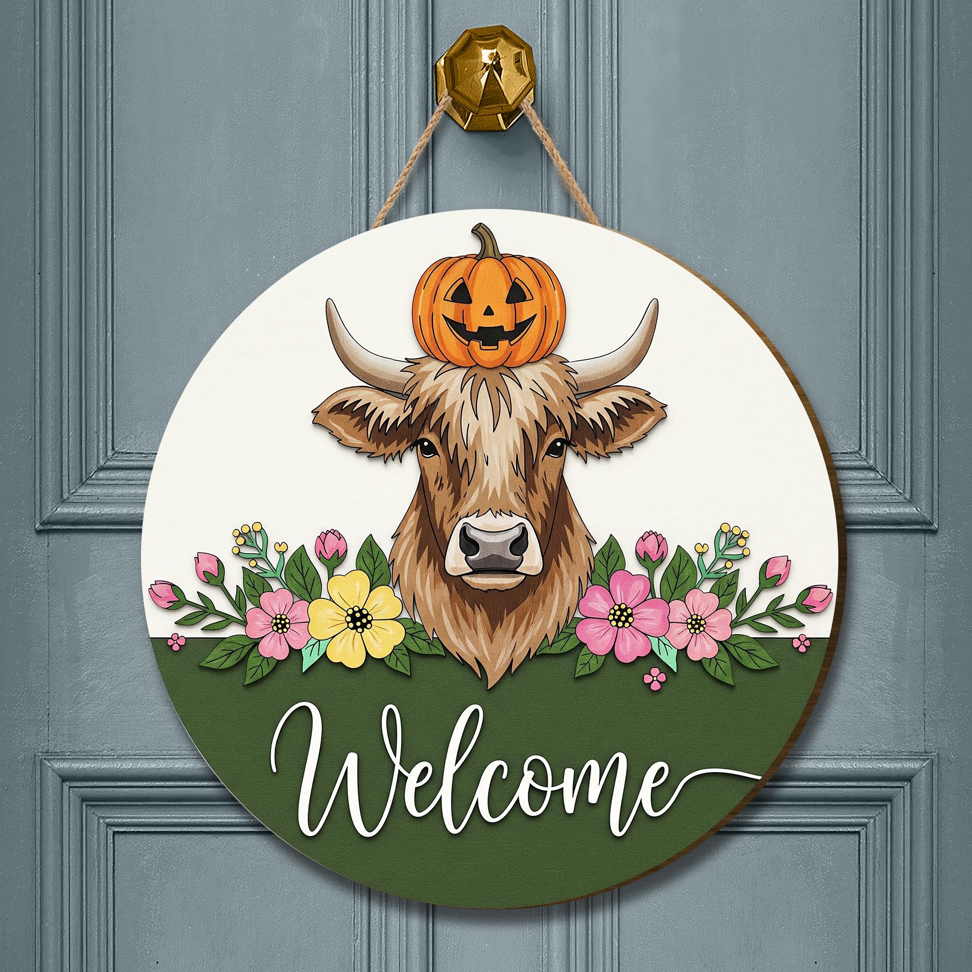 Rustic Cow Welcome Sign: Farmhouse Pumpkin Wooden Door Hanger