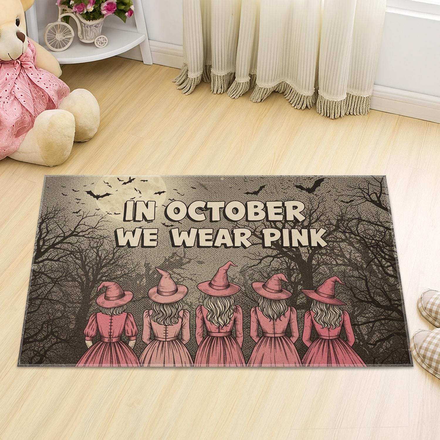 Halloween Doormat, In October We Wear Pink, Witchy Pink Ribbon Decor, October Doormat, Spooky Season Welcome Mat, Home Decor, Sister Gift