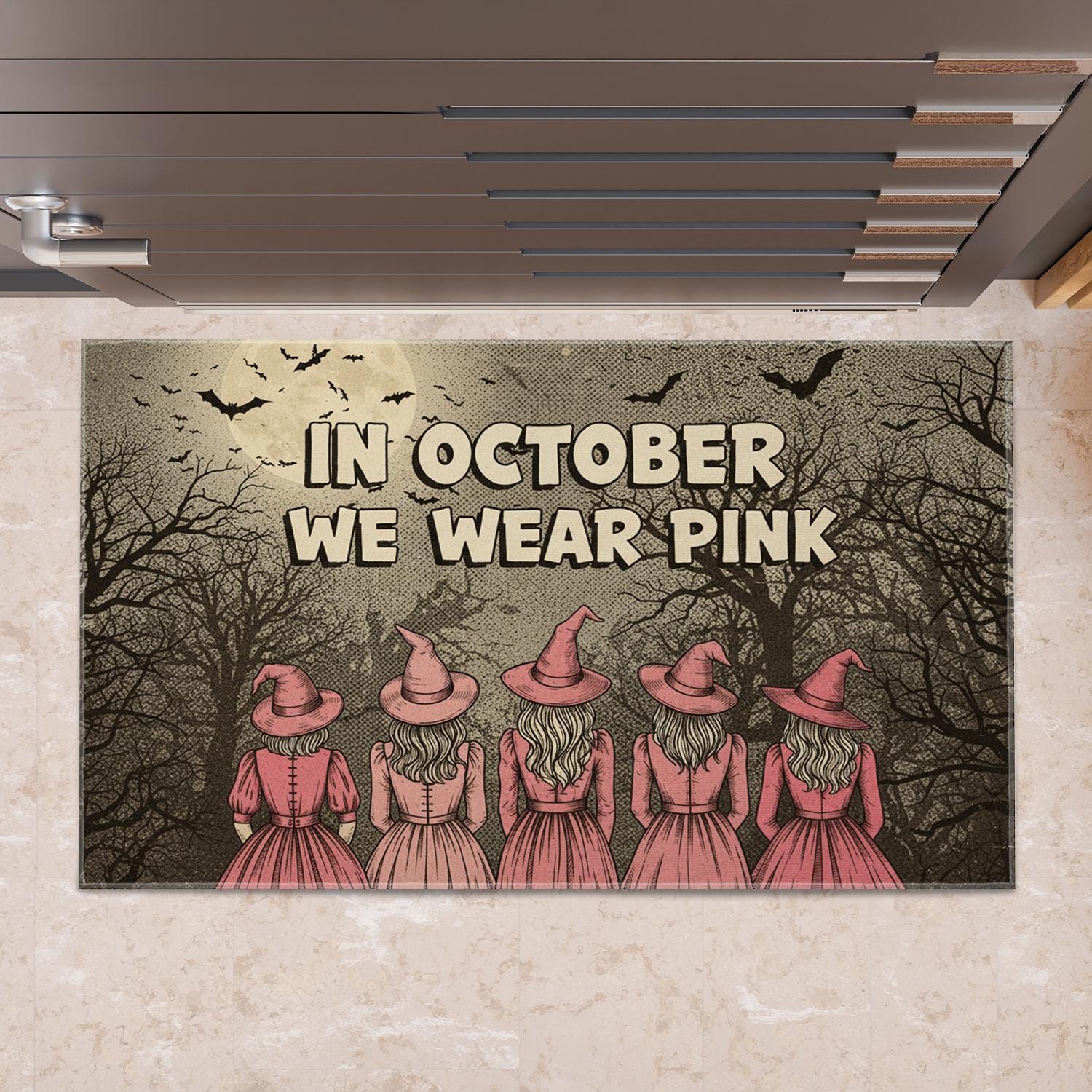 Halloween Doormat, In October We Wear Pink, Witchy Pink Ribbon Decor, October Doormat, Spooky Season Welcome Mat, Home Decor, Sister Gift