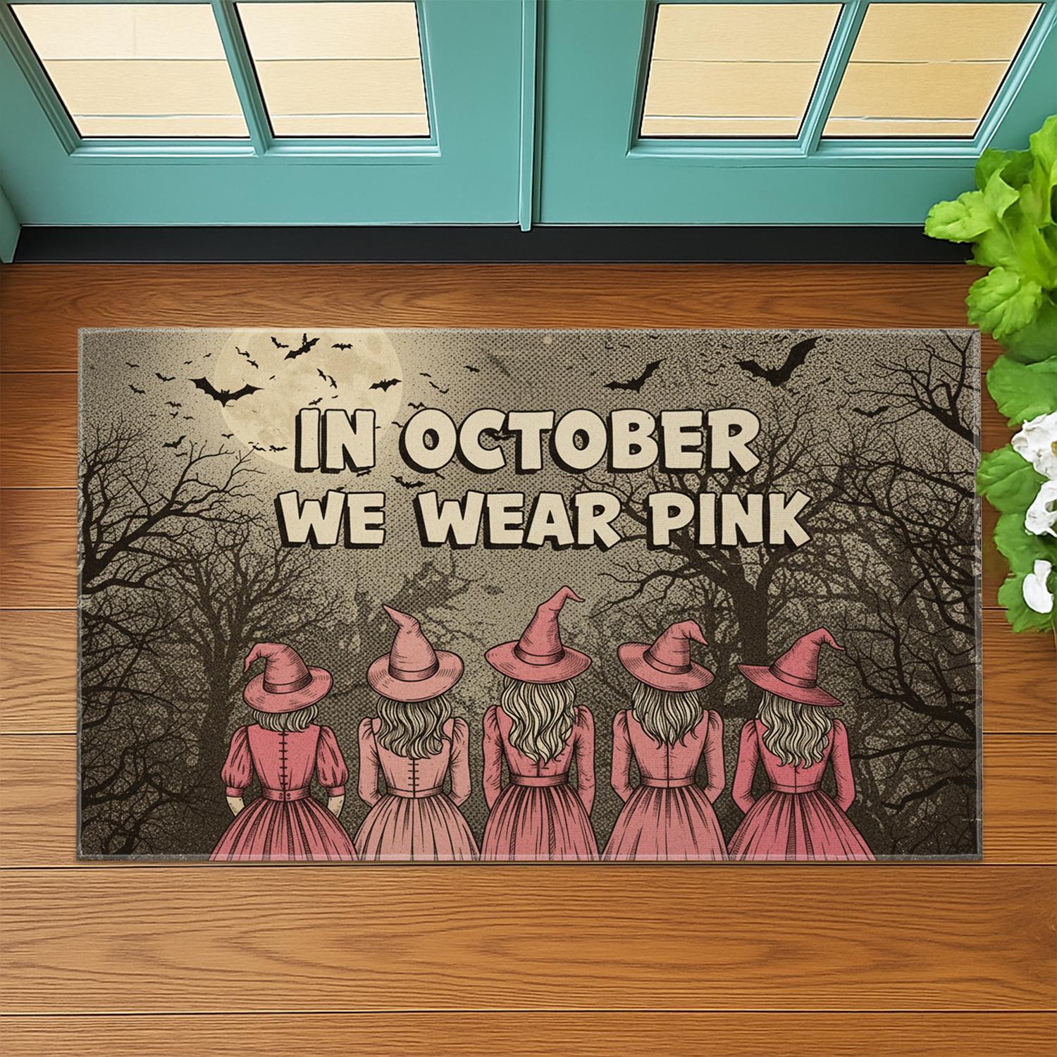 Halloween Doormat, In October We Wear Pink, Witchy Pink Ribbon Decor, October Doormat, Spooky Season Welcome Mat, Home Decor, Sister Gift