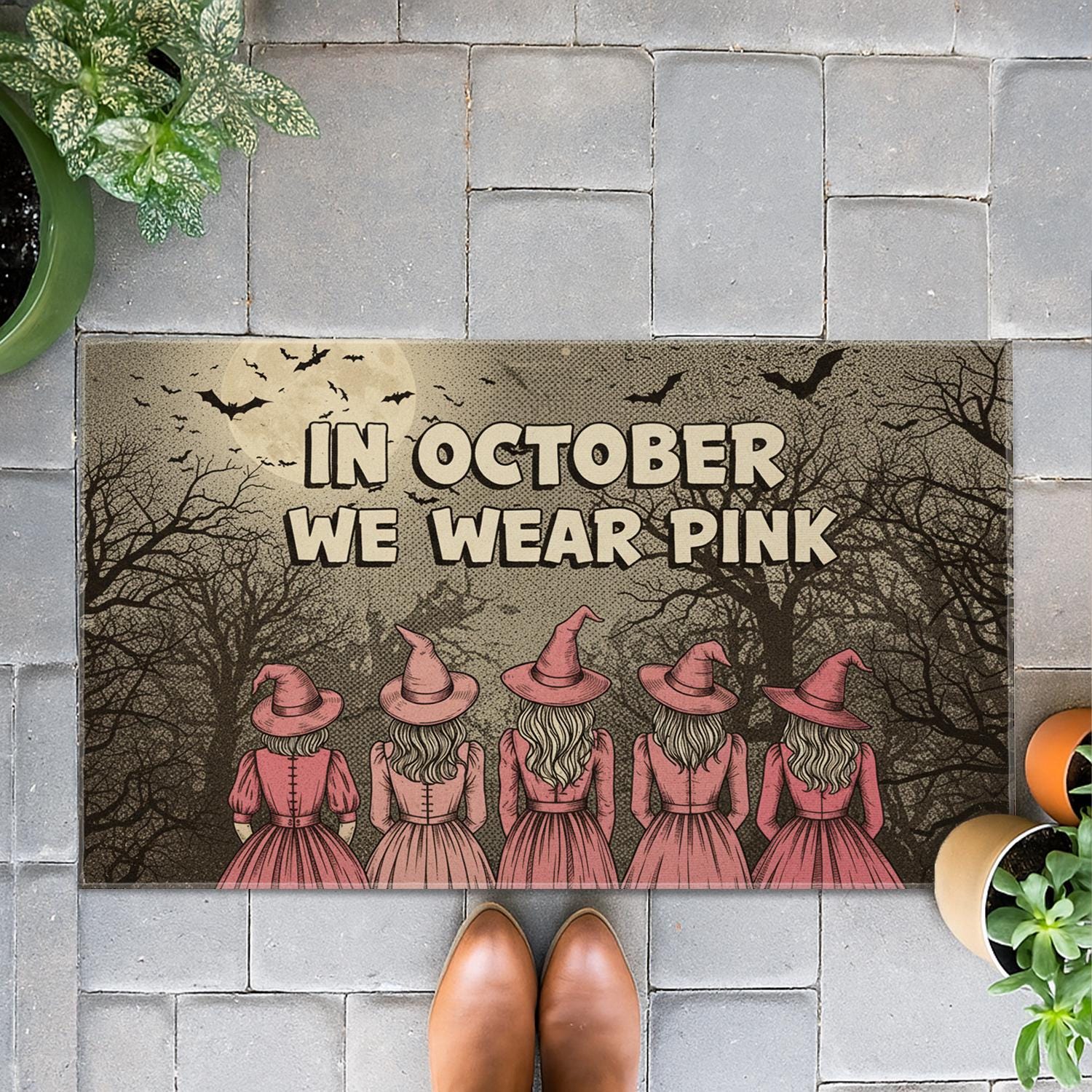 Halloween Doormat, In October We Wear Pink, Witchy Pink Ribbon Decor, October Doormat, Spooky Season Welcome Mat, Home Decor, Sister Gift