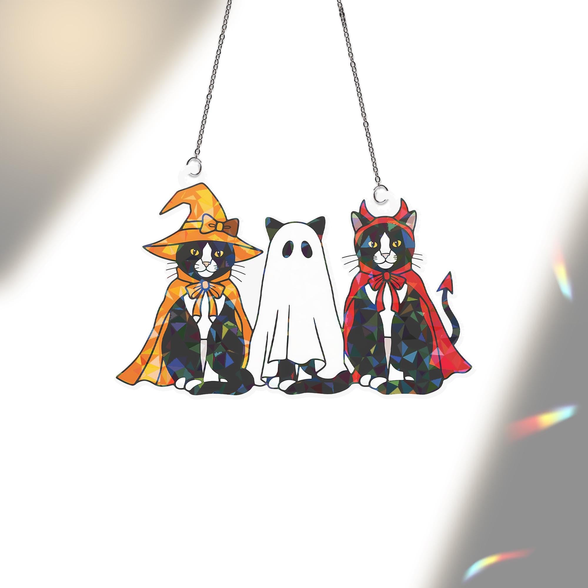 Halloween Trio Tuxedo Cats Hologram Ornament – Mummy, Ghost, Witch Black Cats ACRYLIC Window Hanging, Cute Spooky Decor Gift, Cat Lovers