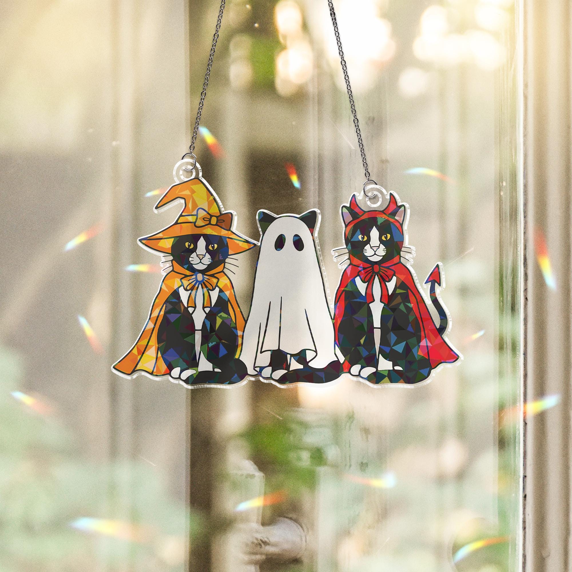 Halloween Trio Tuxedo Cats Hologram Ornament – Mummy, Ghost, Witch Black Cats ACRYLIC Window Hanging, Cute Spooky Decor Gift, Cat Lovers