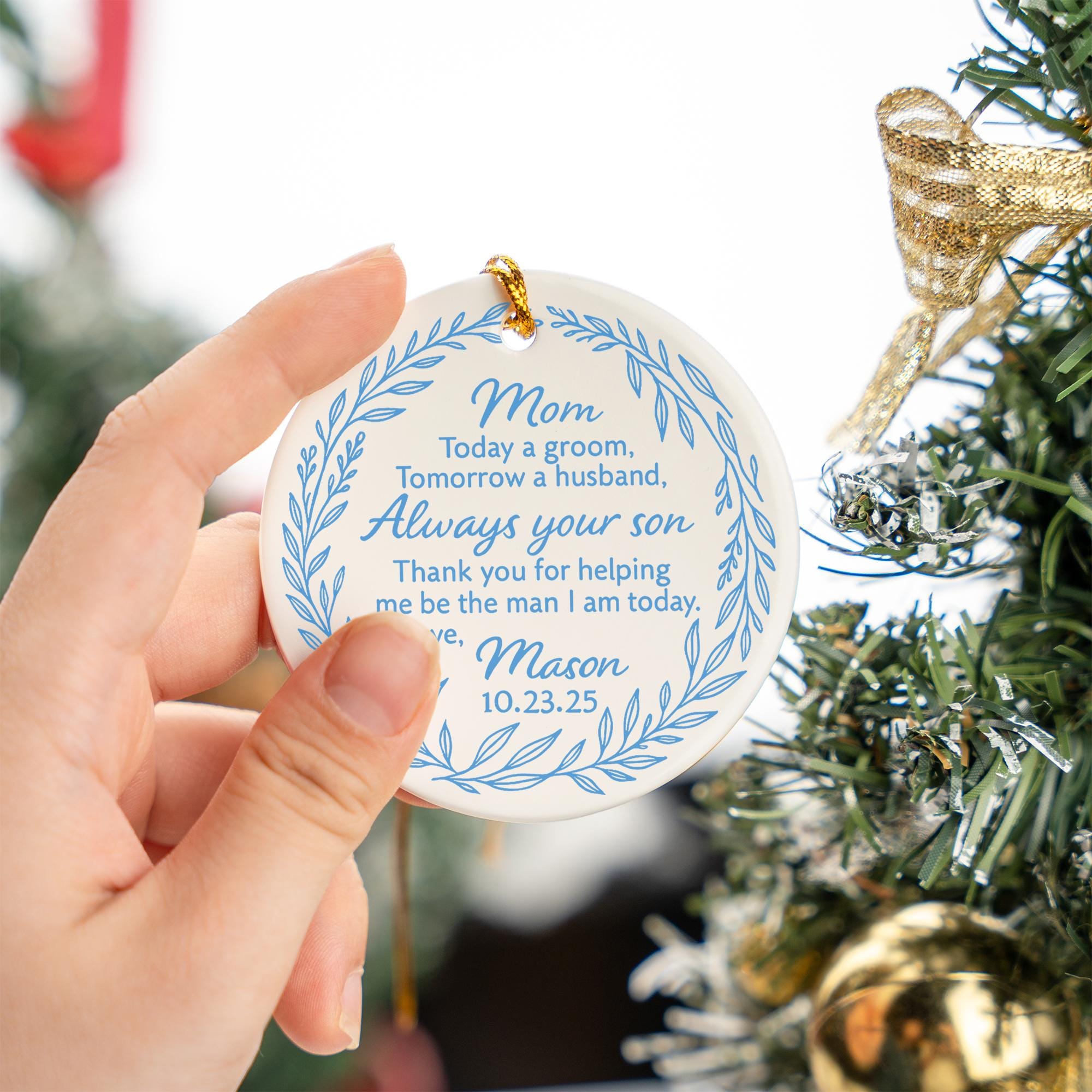 Custom Groom to Mom Wedding Ornament | Chinoiserie Blue and White Ceramic Keepsake | Personalized Mother of the Groom Gift from Son