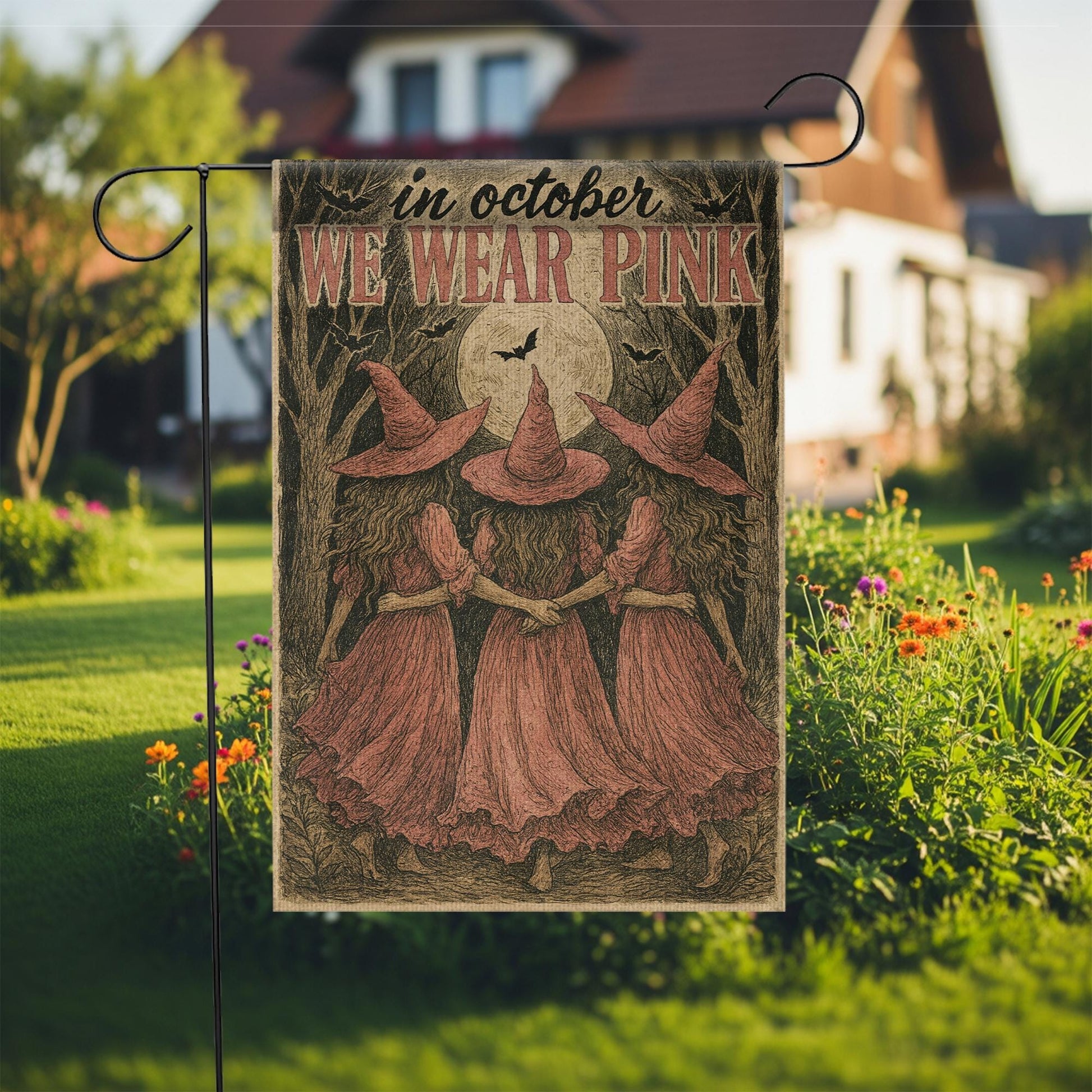 In October We Wear Pink Flag | Breast Cancer Awareness Garden Banner | Witch Halloween Outdoor Yard Decor | Support Survivor Gift