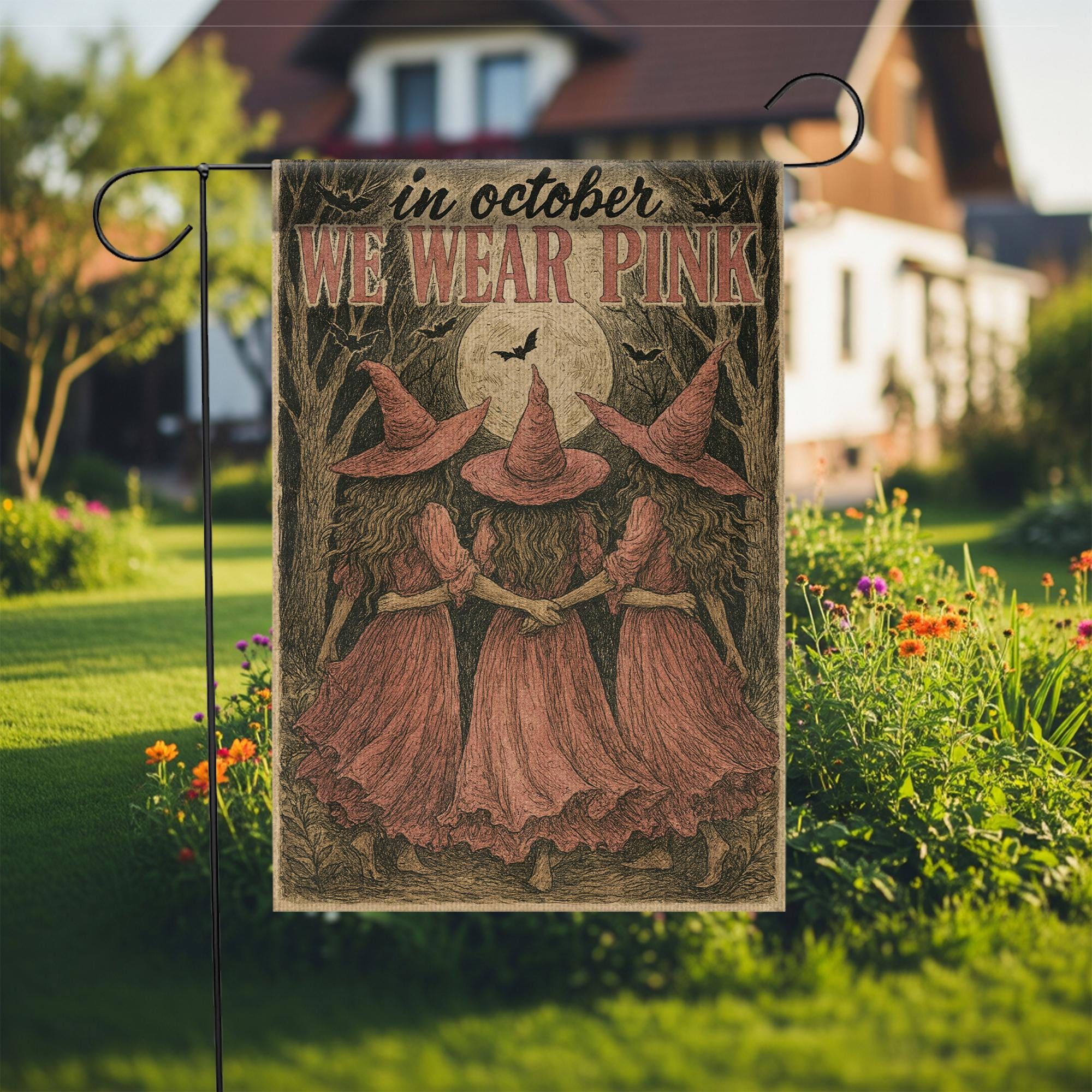 In October We Wear Pink Flag | Breast Cancer Awareness Garden Banner | Witch Halloween Outdoor Yard Decor | Support Survivor Gift