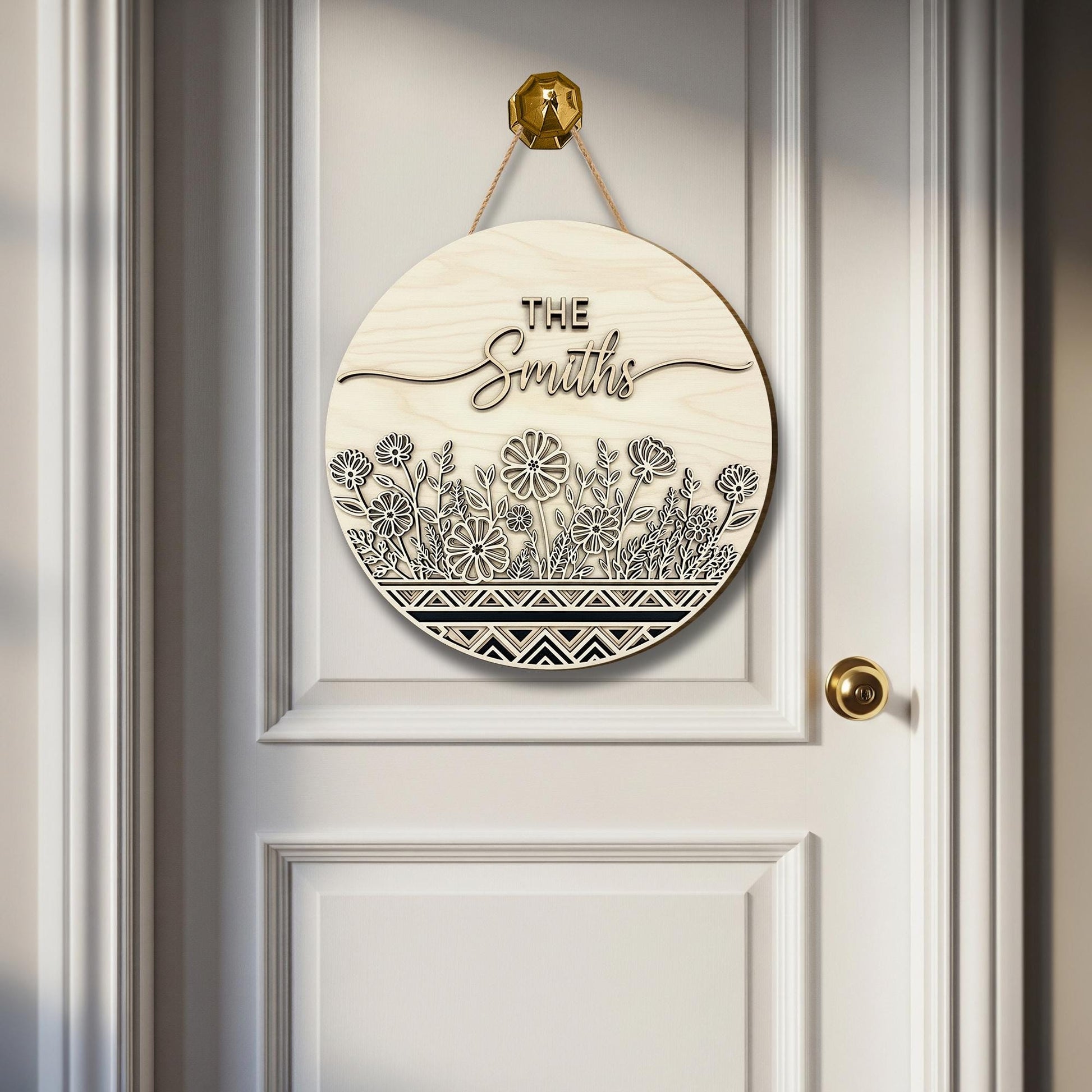 Custom Last Name Sign, Family Name Door Hanger, Wood Door Sign, Round Floral Welcome Sign, Housewarming Gift, Front Door Decor
