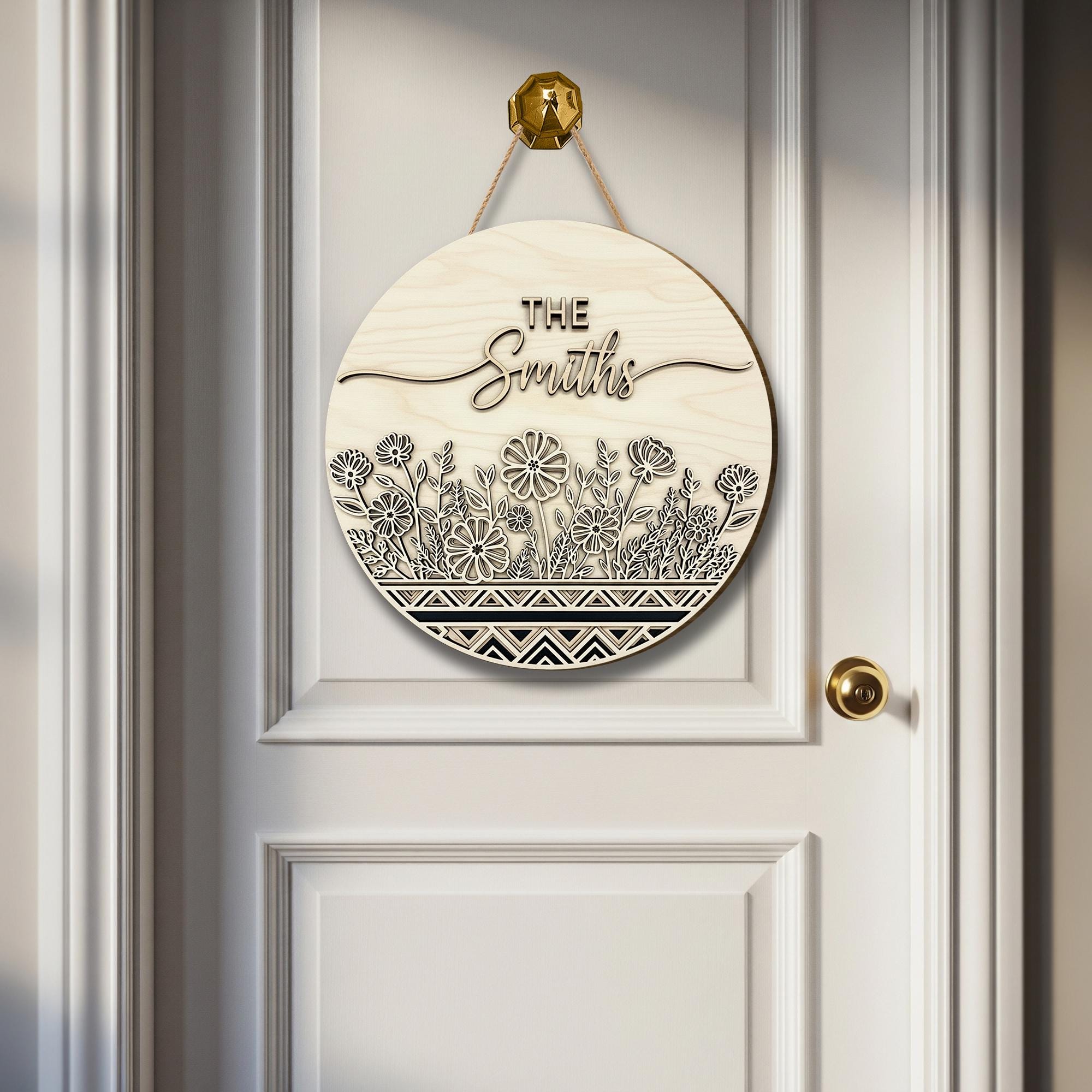 Custom Last Name Sign, Family Name Door Hanger, Wood Door Sign, Round Floral Welcome Sign, Housewarming Gift, Front Door Decor