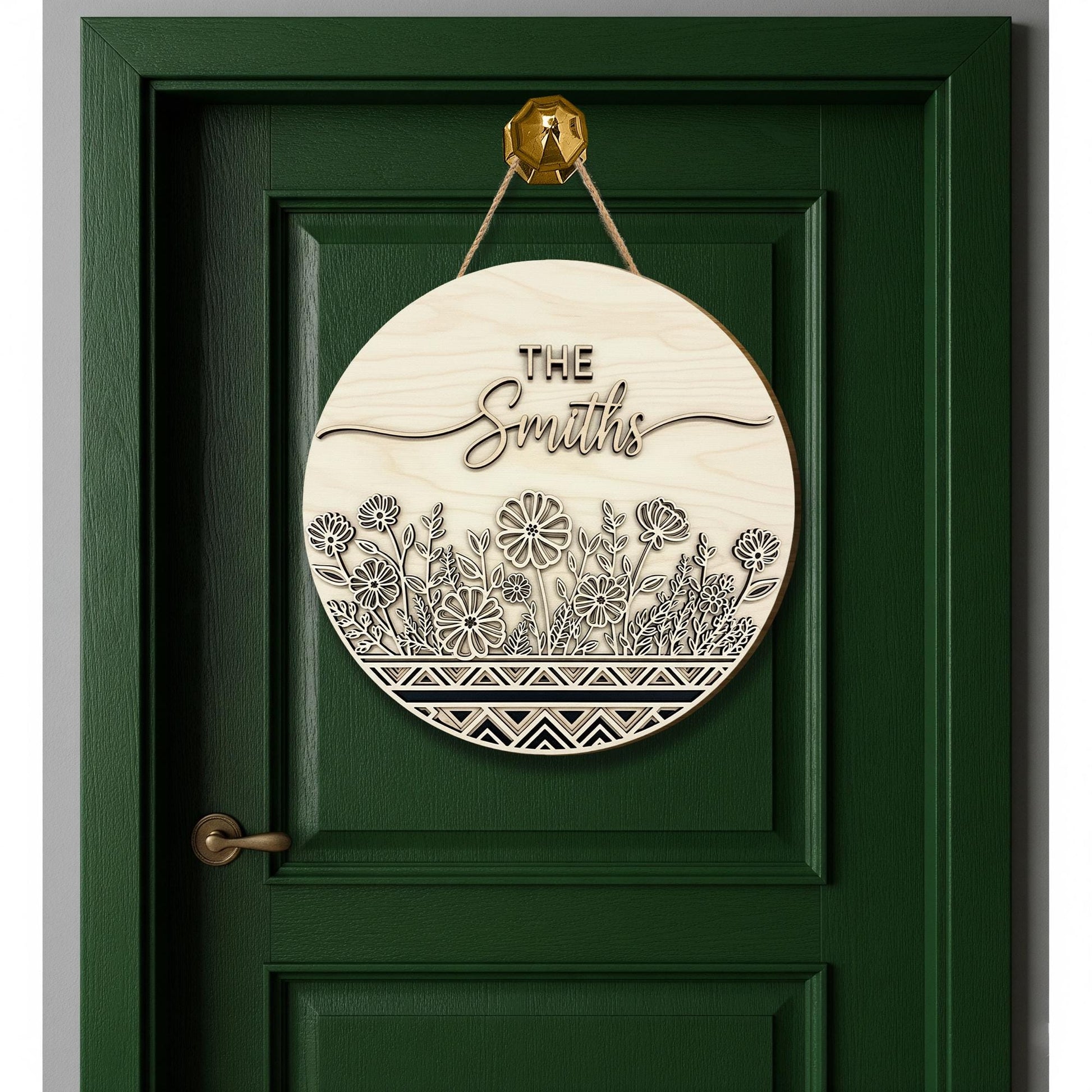 Custom Last Name Sign, Family Name Door Hanger, Wood Door Sign, Round Floral Welcome Sign, Housewarming Gift, Front Door Decor
