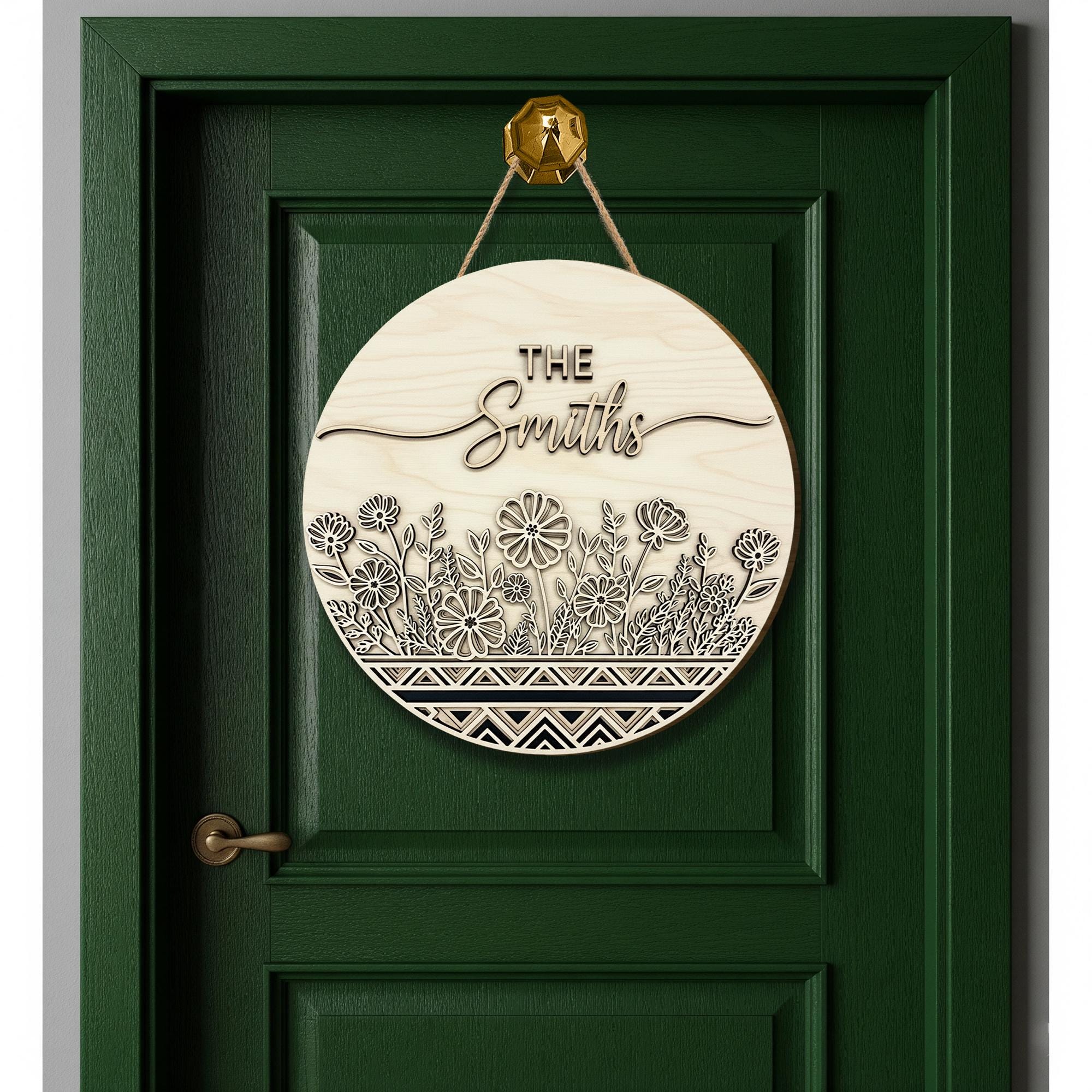 Custom Last Name Sign, Family Name Door Hanger, Wood Door Sign, Round Floral Welcome Sign, Housewarming Gift, Front Door Decor