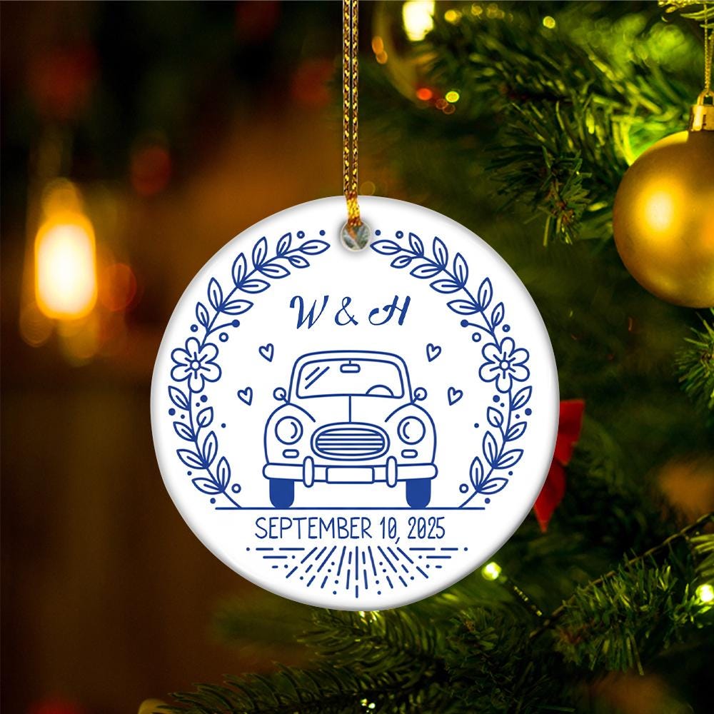 Personalized Wedding Ornament: Vintage Car, Custom Engagement Gift