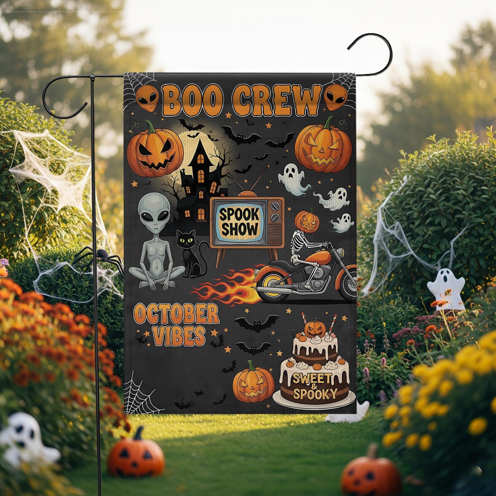Halloween Garden Flag: Spooky Alien, Pumpkin, Skeleton Motorcycle Decor