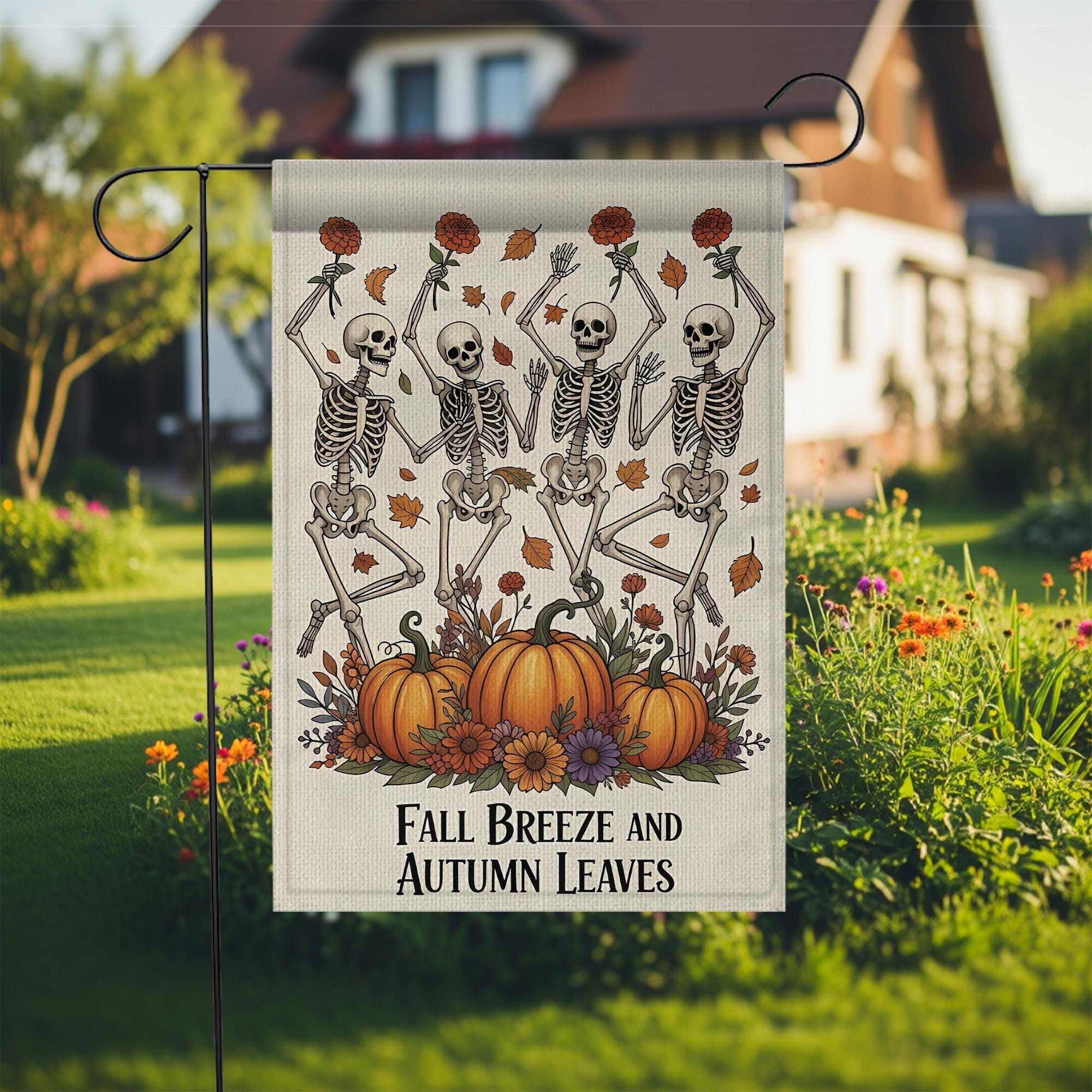 Fall Skeleton Garden Flag: Funny Halloween Yard Decor