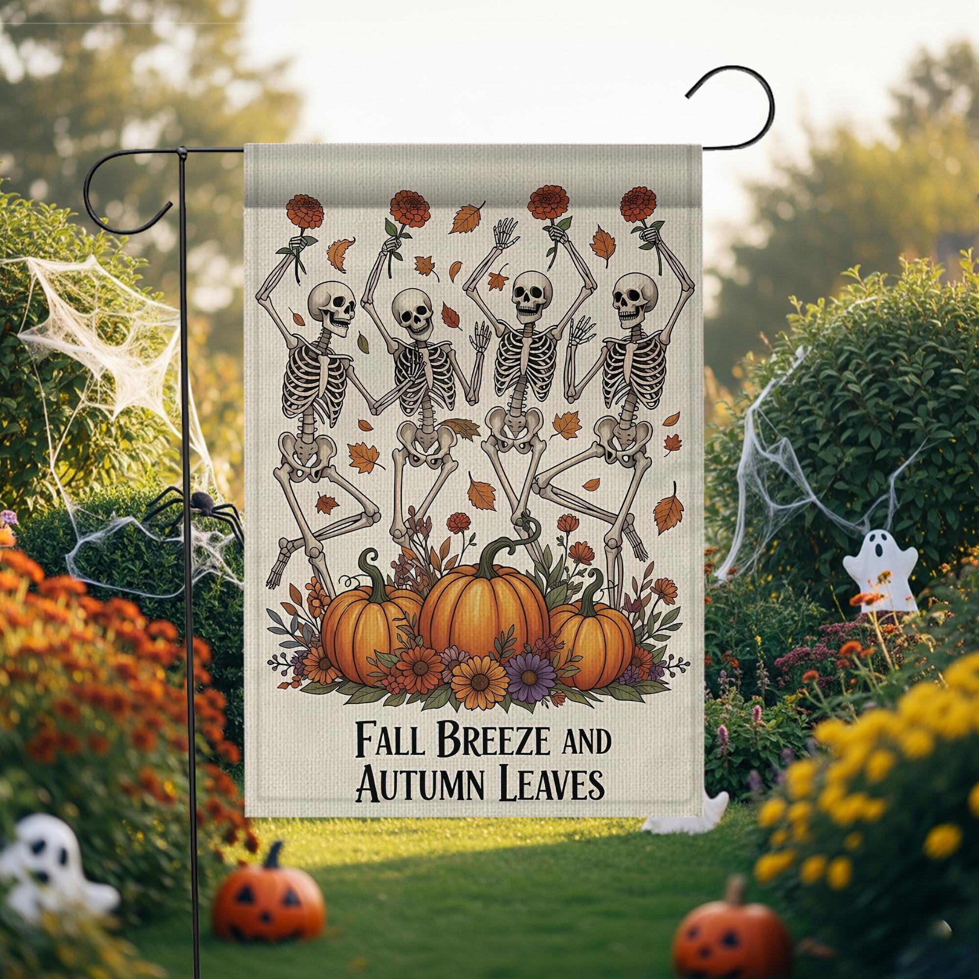 Fall Skeleton Garden Flag: Funny Halloween Yard Decor