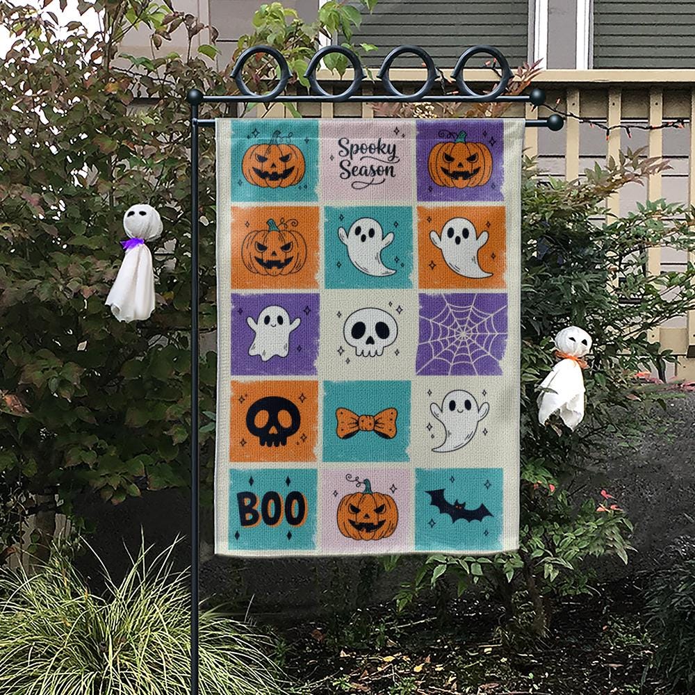 Halloween Garden Flag, Spooky Season Yard Flag, Cute Ghost & Pumpkin Decor, Fall Outdoor Art, Boo Welcome Flag, Autumn Porch Decor