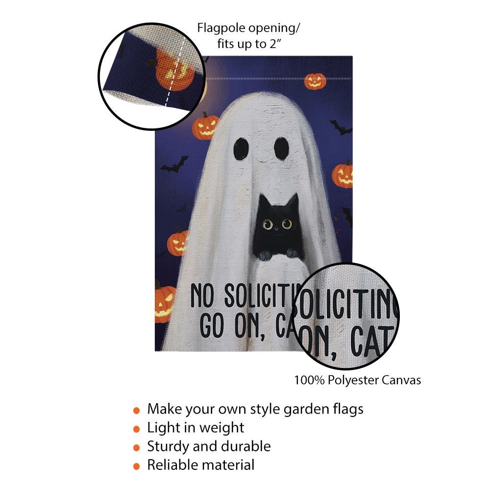 Humorous No Soliciting Garden Flag: Ghost & Cat Halloween Decor