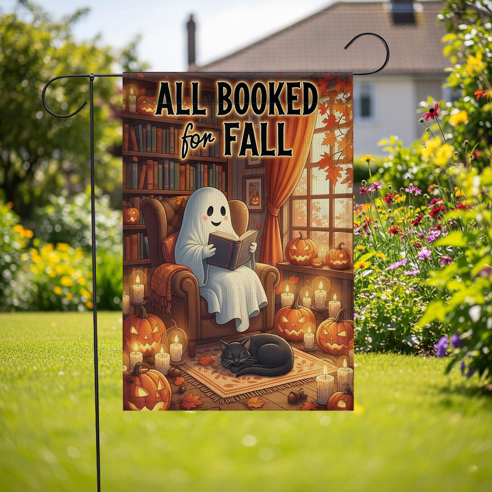 Fall Garden Flag: Cozy Ghost Reading Halloween Bookshelf Decor